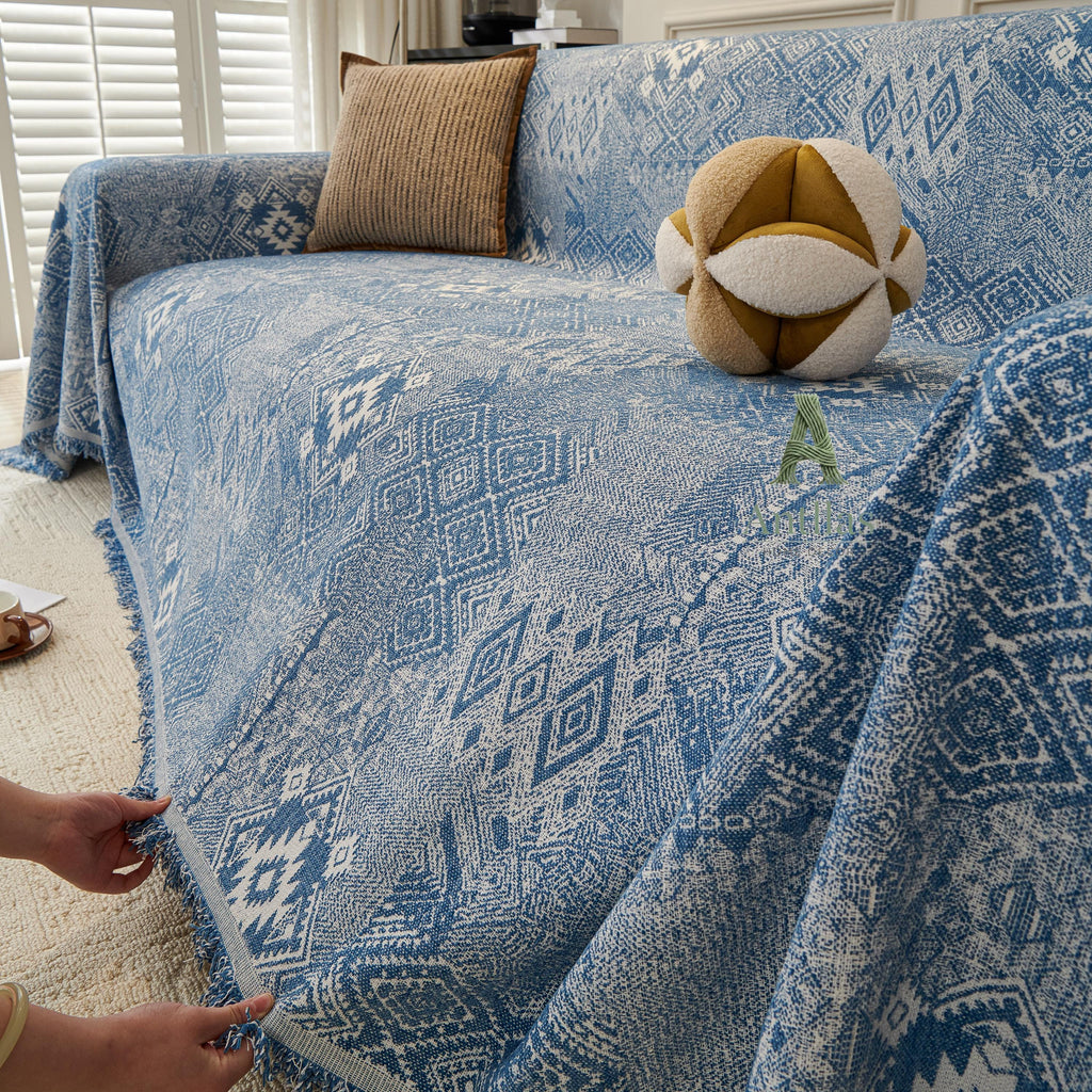 Vintage Bohemian Sofa Cover, Boho Woven Throw Blanket, Geometric Couch Slipcover, Fringe Furniture Protector