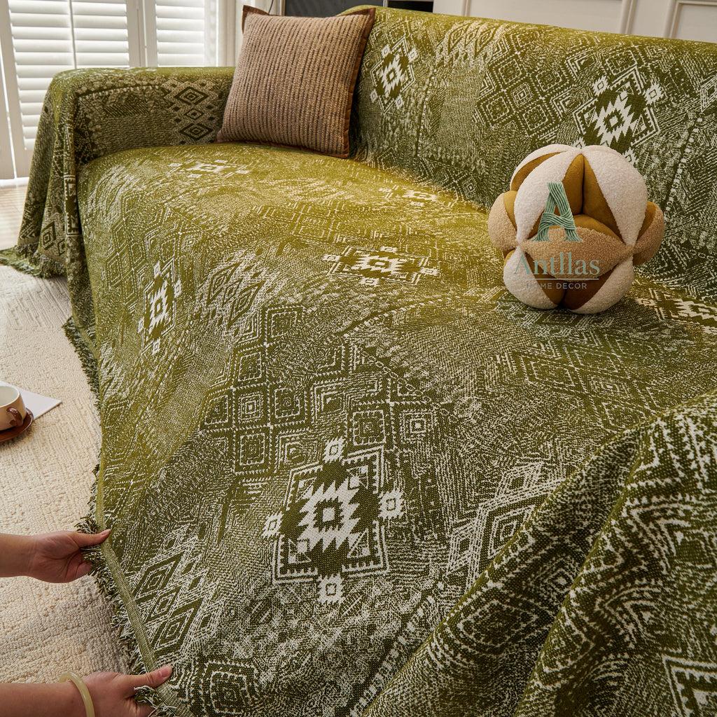 Vintage Bohemian Sofa Cover, Boho Woven Throw Blanket, Geometric Couch Slipcover, Fringe Furniture Protector