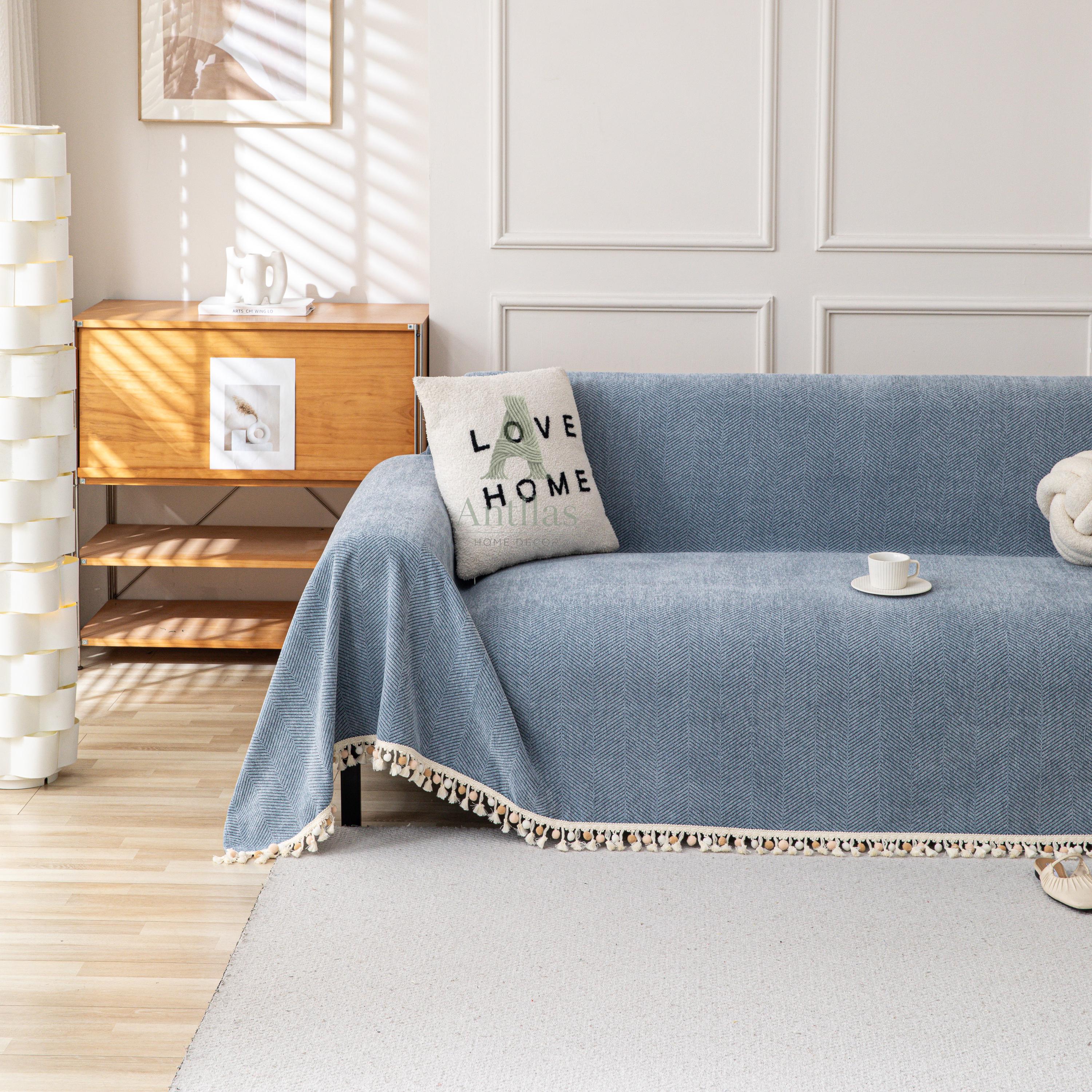 Thick Chenille Sofa Cover, Geometric Tufted Throw Blanket with Tassels, Couch Protector