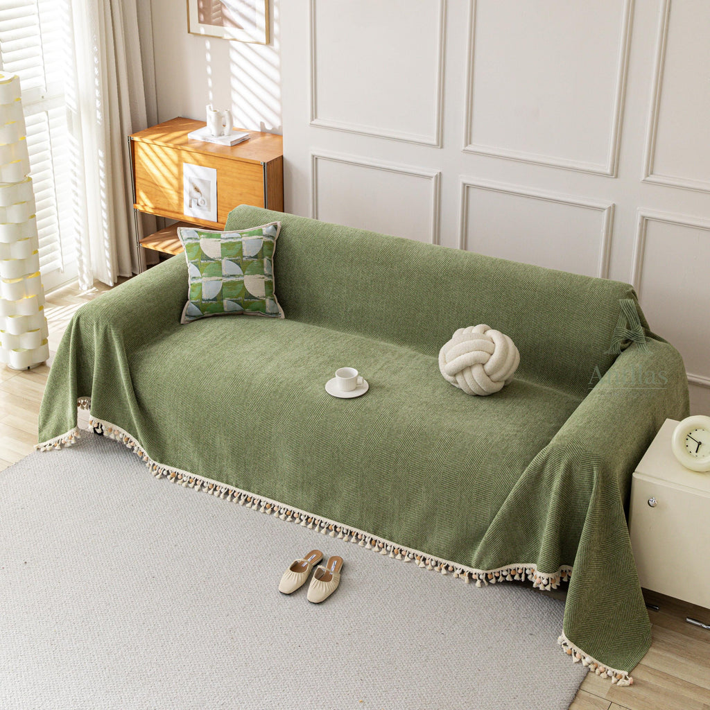 Thick Chenille Sofa Cover, Geometric Tufted Throw Blanket with Tassels, Couch Protector