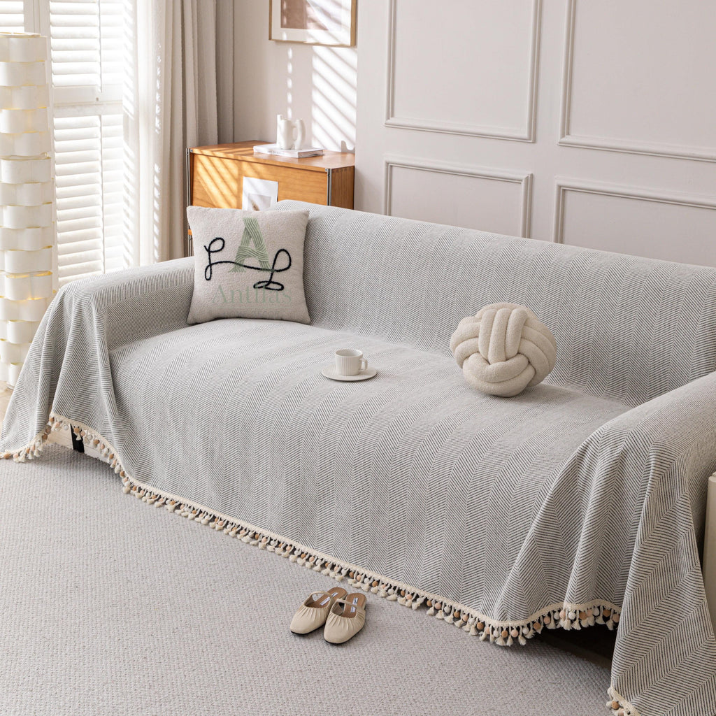 Thick Chenille Sofa Cover, Geometric Tufted Throw Blanket with Tassels, Couch Protector