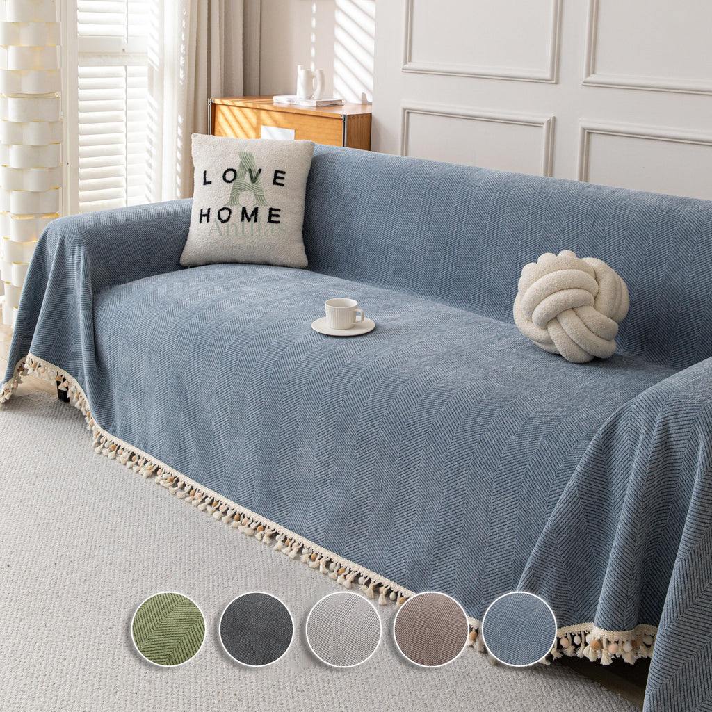 Thick Chenille Sofa Cover, Geometric Tufted Throw Blanket with Tassels, Couch Protector