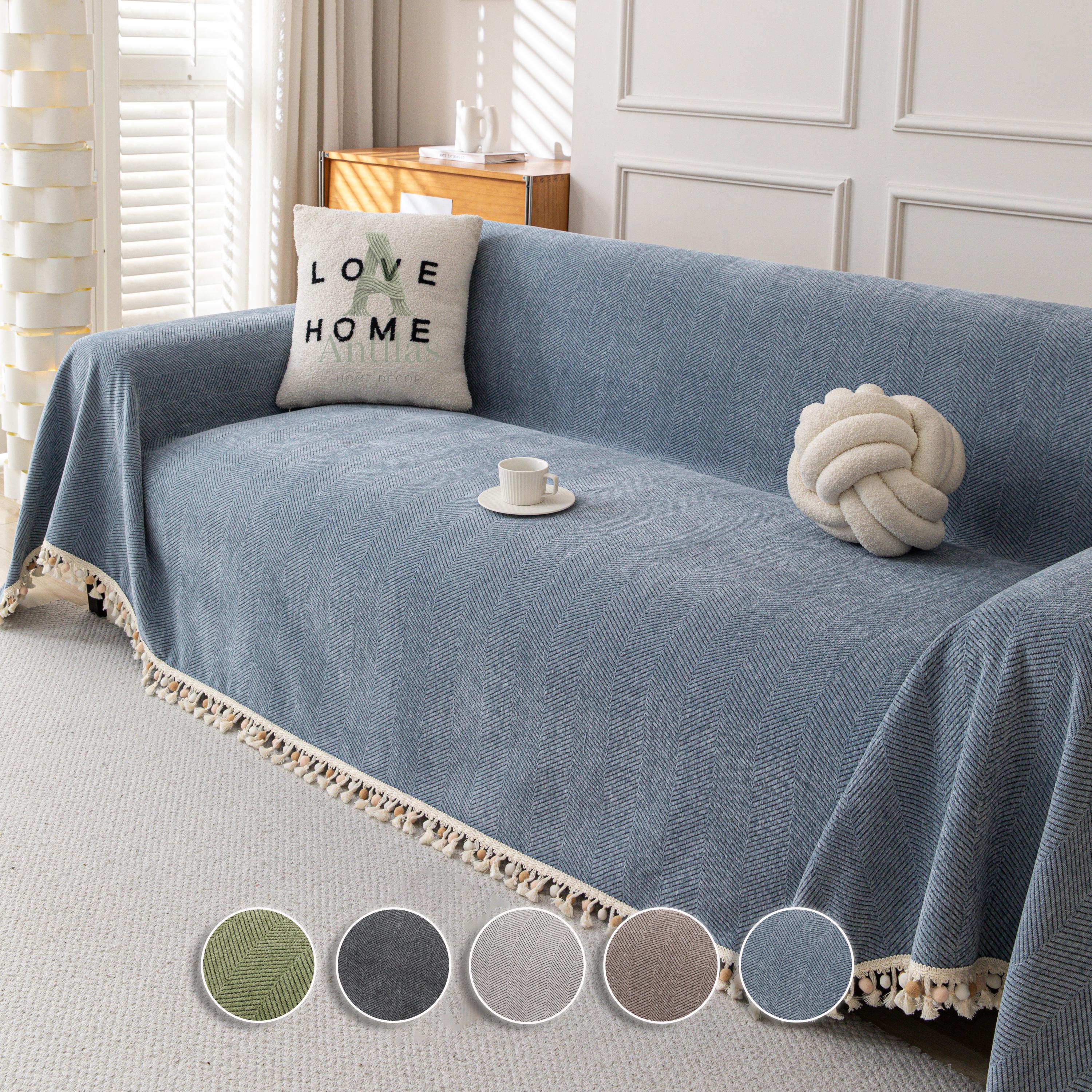 Thick Chenille Sofa Cover, Geometric Tufted Throw Blanket with Tassels, Couch Protector