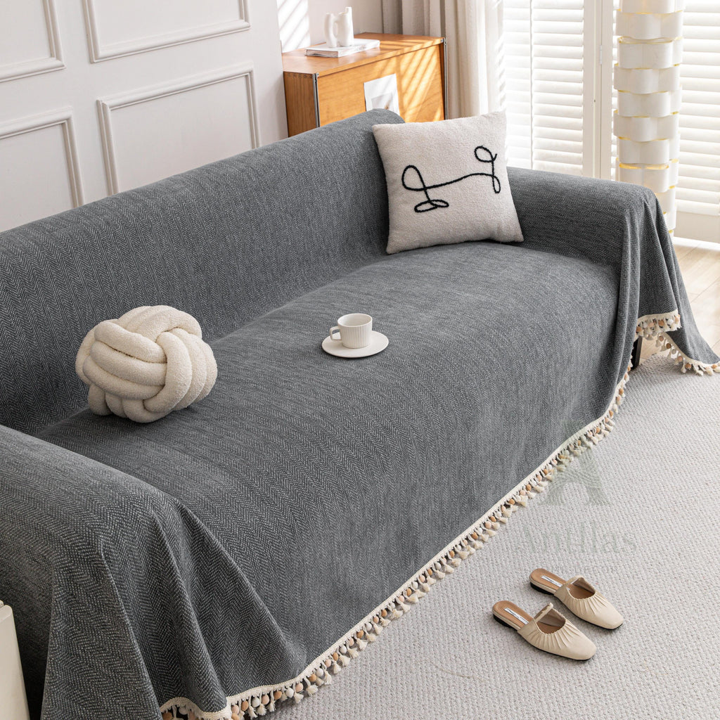 Solid Color Chenille Sofa Cover, Pom Pom Fringe Throw Blanket, Thick Couch Slipcover, Cozy Drape