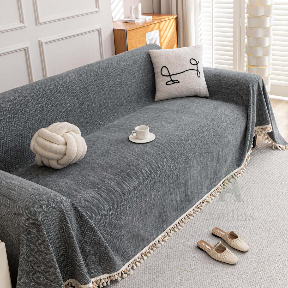 Solid Color Chenille Sofa Cover, Pom Pom Fringe Throw Blanket, Thick Couch Slipcover, Cozy Drape