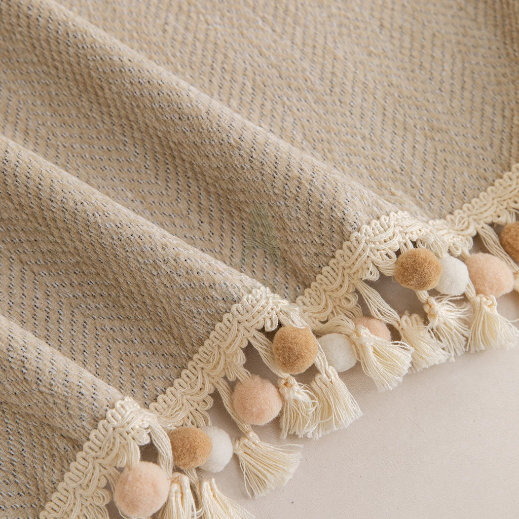 Solid Color Chenille Sofa Cover, Pom Pom Fringe Throw Blanket, Thick Couch Slipcover, Cozy Drape