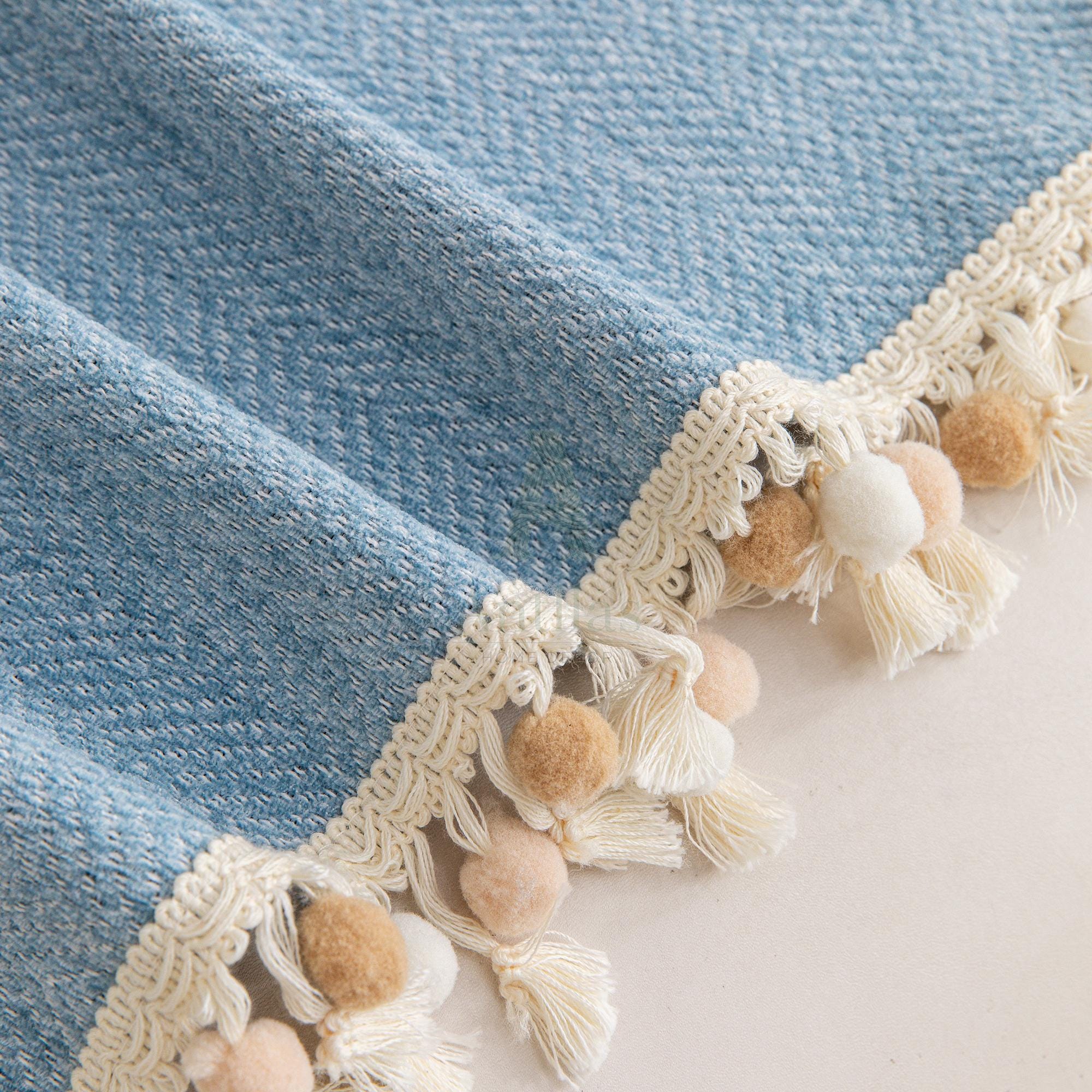 Solid Color Chenille Sofa Cover, Pom Pom Fringe Throw Blanket, Thick Couch Slipcover, Cozy Drape