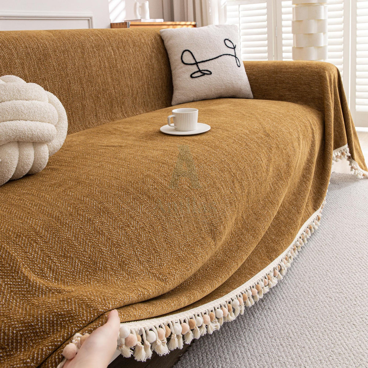 Solid Color Chenille Sofa Cover, Pom Pom Fringe Throw Blanket, Thick Couch Slipcover, Cozy Drape