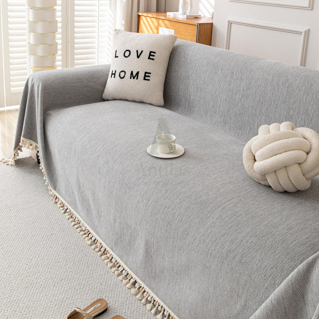Solid Color Chenille Sofa Cover, Pom Pom Fringe Throw Blanket, Thick Couch Slipcover, Cozy Drape