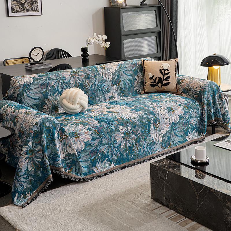 Van Gogh Floral Sofa Cover, Ocean Blue Velvet Ruffle, Art Furniture Protector