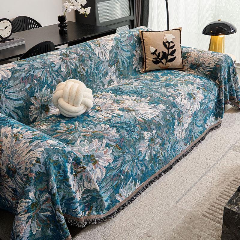 Van Gogh Floral Sofa Cover, Ocean Blue Velvet Ruffle, Art Furniture Protector