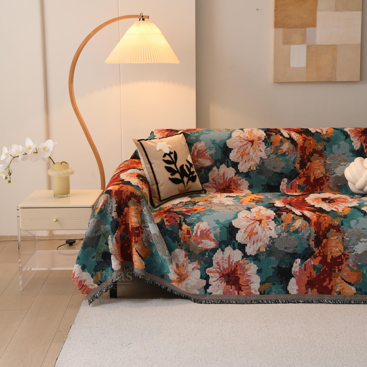 Colorful Italian Rose Sofa Cover, Romantic Floral Woven Throw Blanket, Fringe Couch Slipcover, Vibrant Tapestry Drape