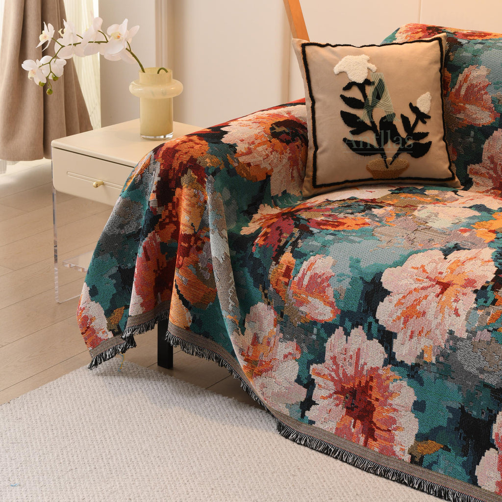 Colorful Italian Rose Sofa Cover, Romantic Floral Woven Throw Blanket, Fringe Couch Slipcover, Vibrant Tapestry Drape