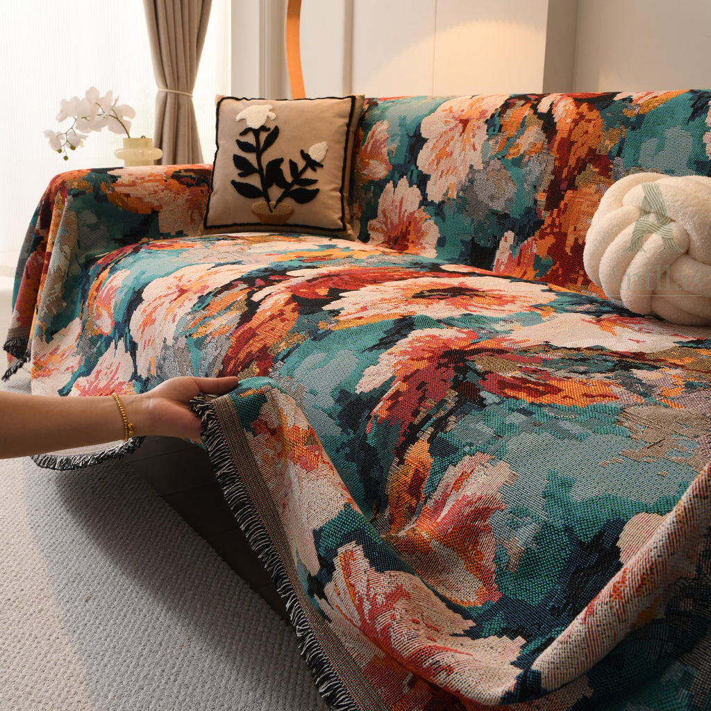 Colorful Italian Rose Sofa Cover, Romantic Floral Woven Throw Blanket, Fringe Couch Slipcover, Vibrant Tapestry Drape
