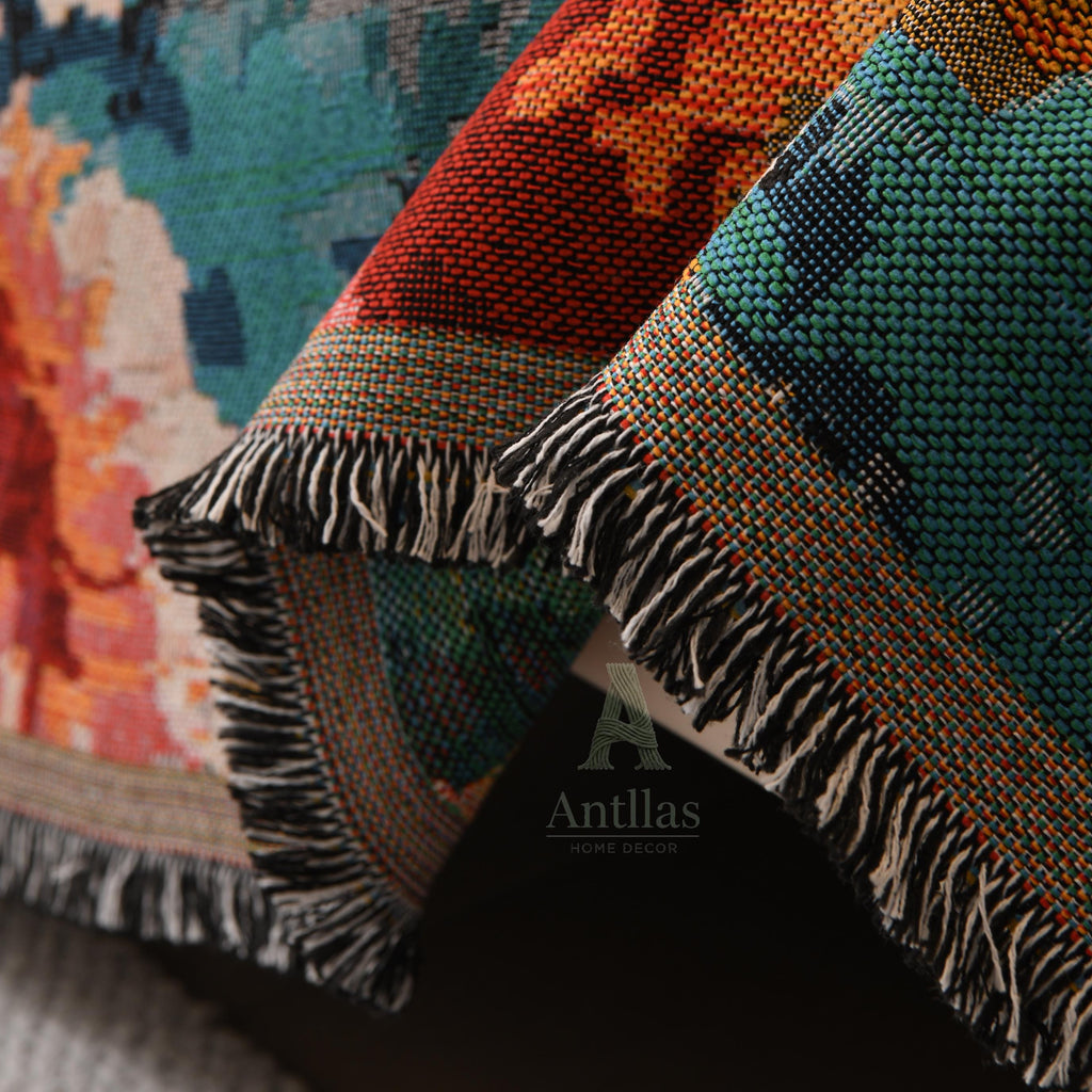 Colorful Italian Rose Sofa Cover, Romantic Floral Woven Throw Blanket, Fringe Couch Slipcover, Vibrant Tapestry Drape