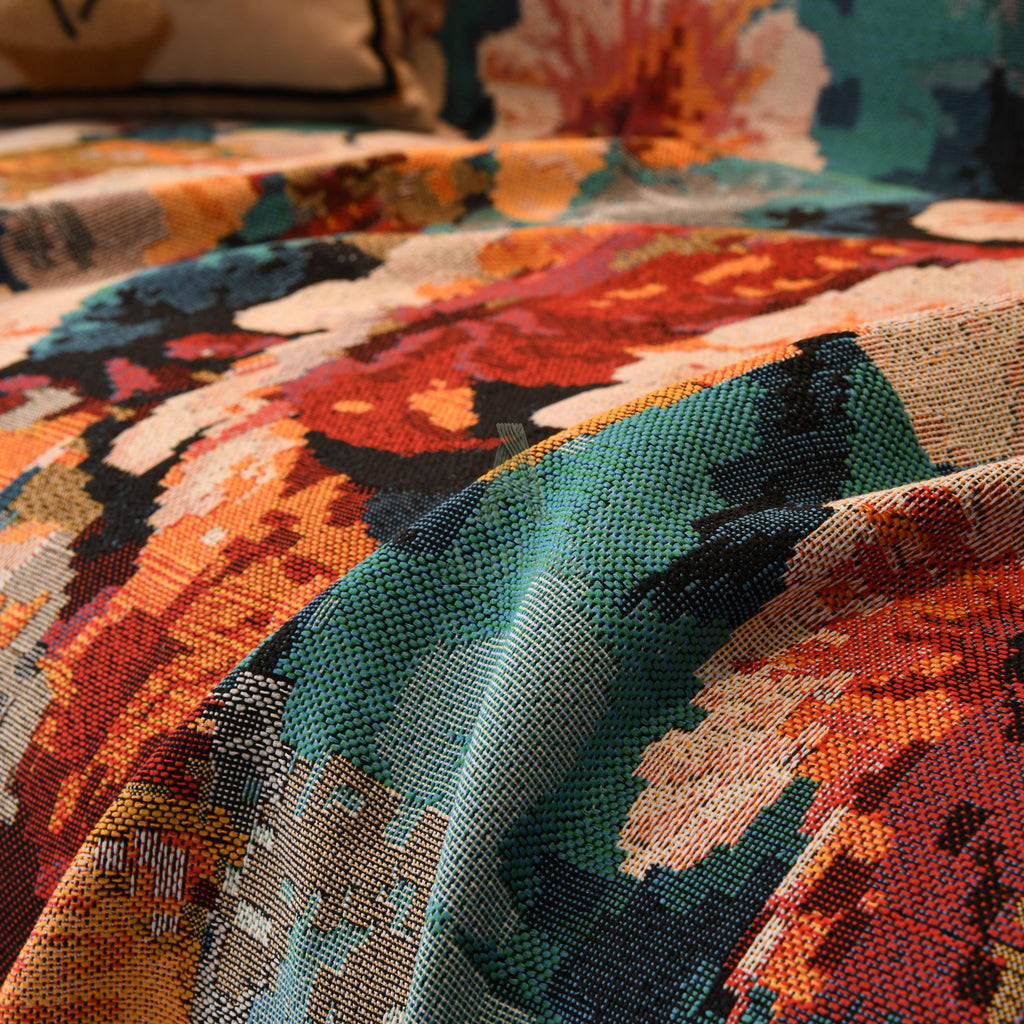 Colorful Italian Rose Sofa Cover, Romantic Floral Woven Throw Blanket, Fringe Couch Slipcover, Vibrant Tapestry Drape