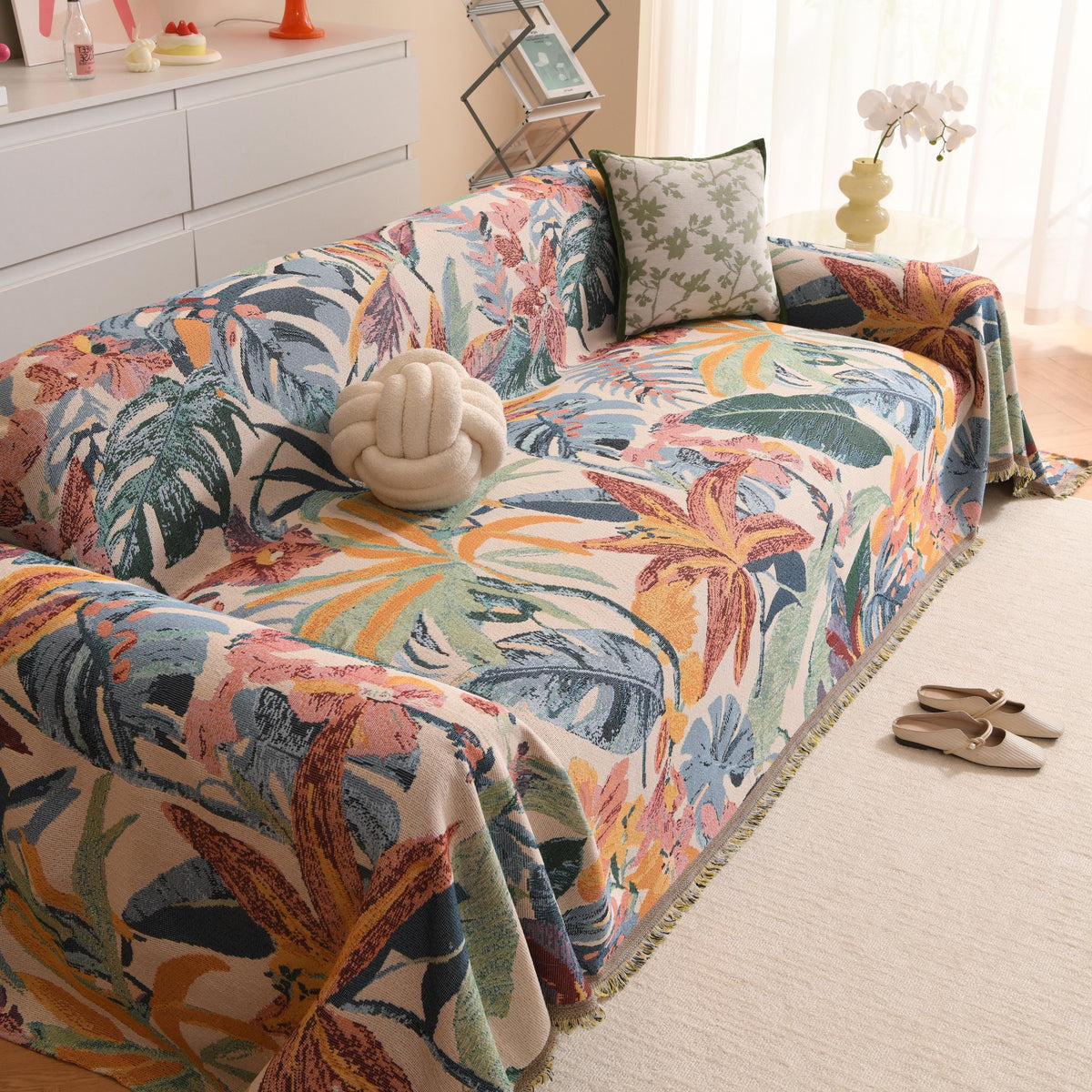 Colorful Hawaiian Monstera Sofa Cover, Tropical Woven Throw Blanket, Fringe Couch Slipcover, Vibrant Leaf Drape