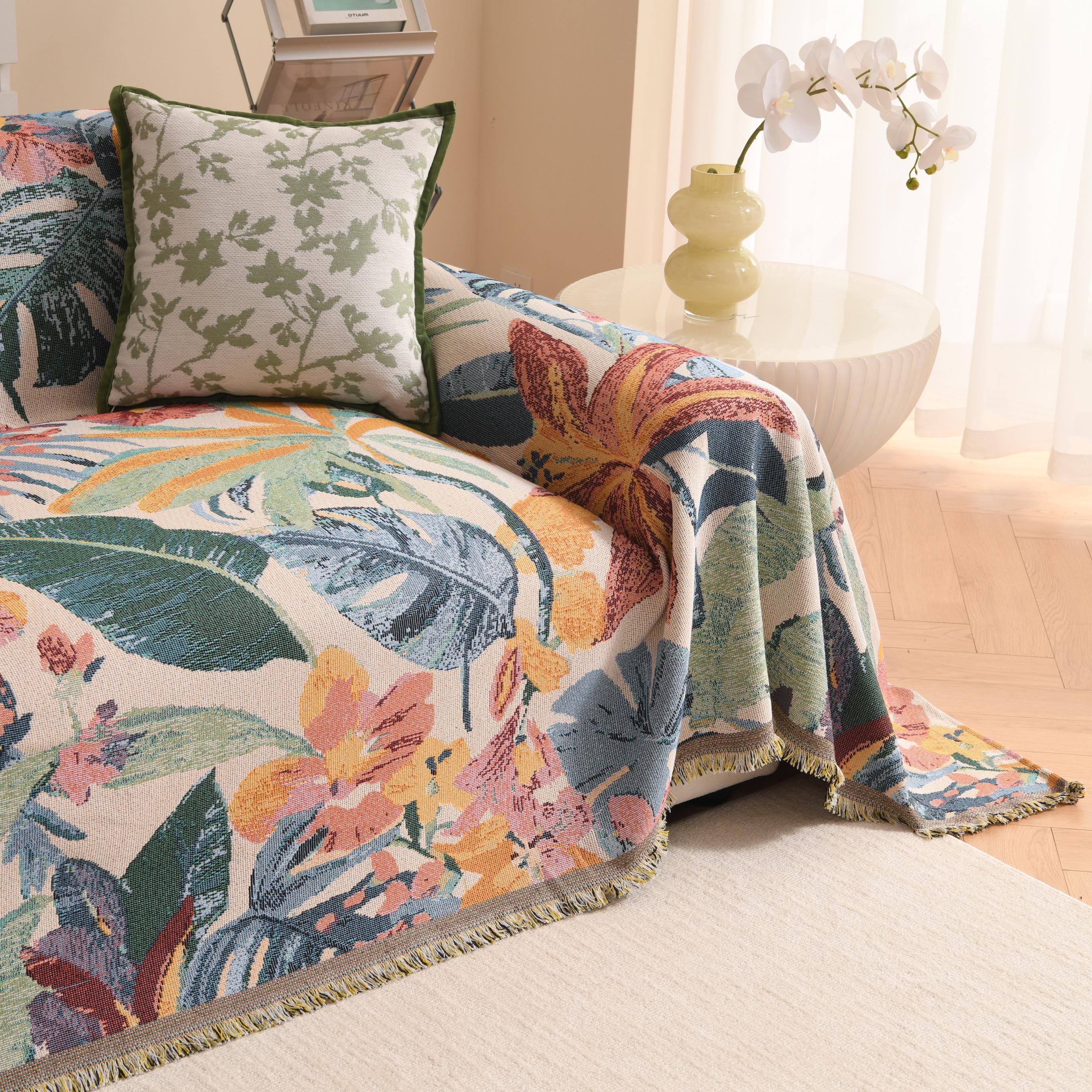 Colorful Hawaiian Monstera Sofa Cover, Tropical Woven Throw Blanket, Fringe Couch Slipcover, Vibrant Leaf Drape