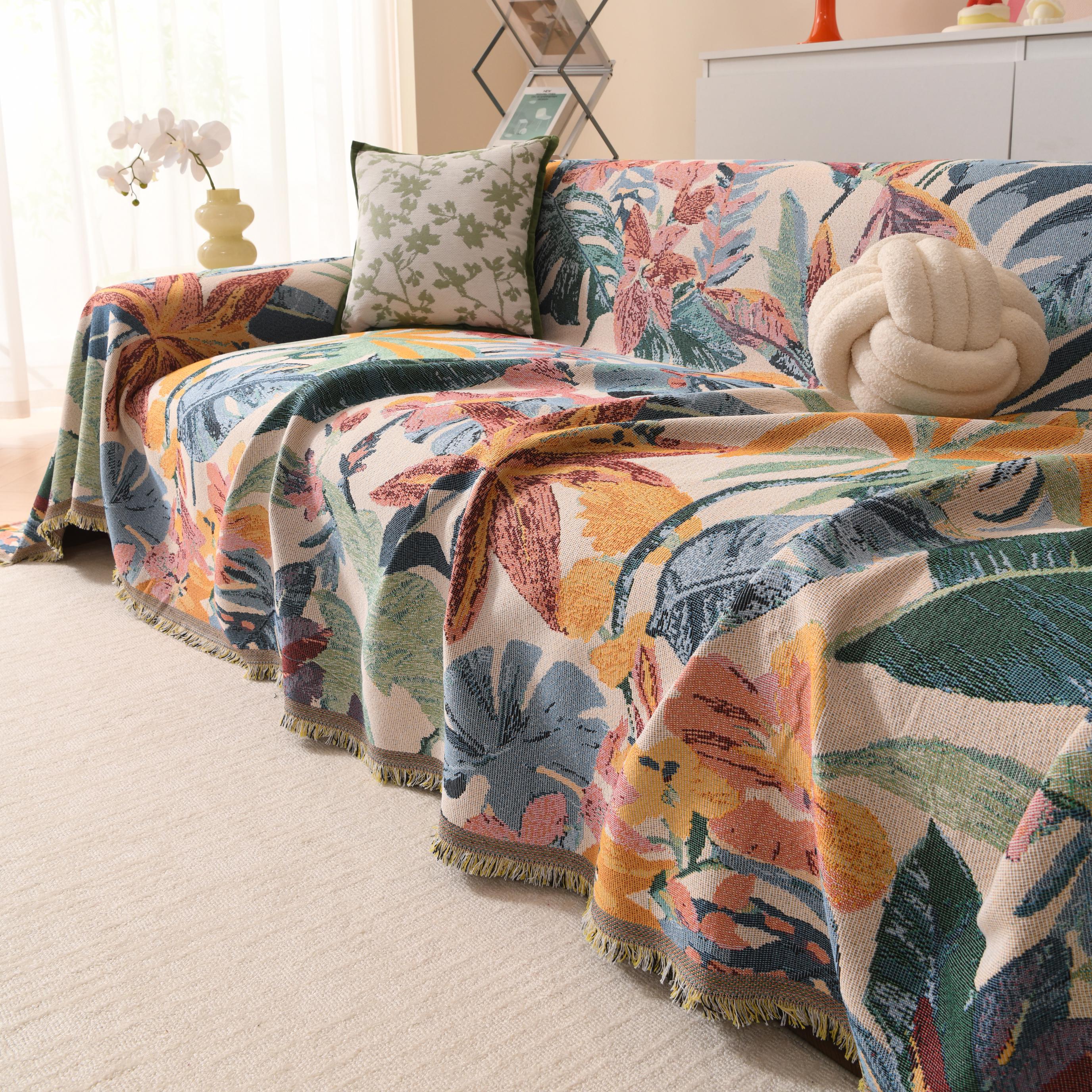 Colorful Hawaiian Monstera Sofa Cover, Tropical Woven Throw Blanket, Fringe Couch Slipcover, Vibrant Leaf Drape