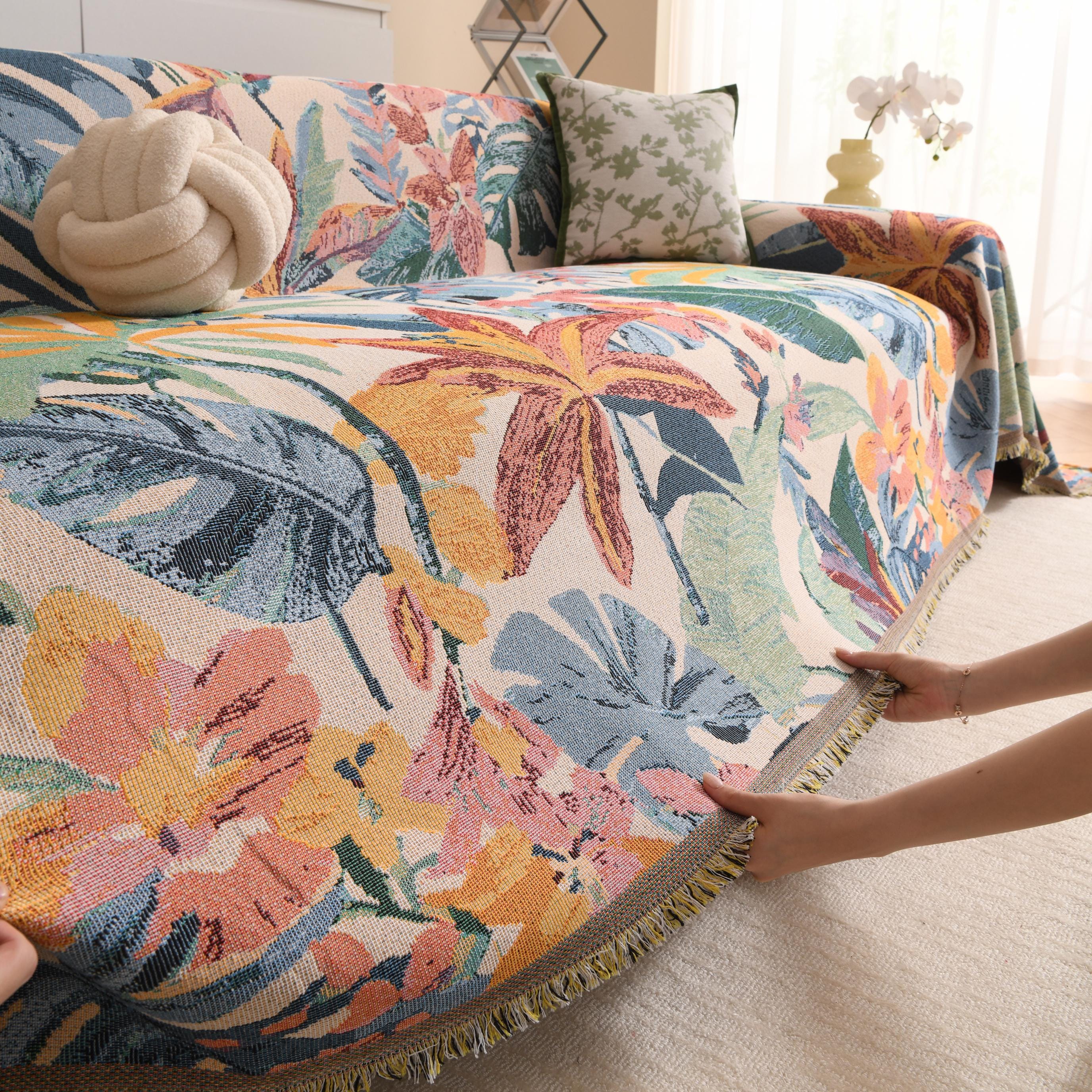 Colorful Hawaiian Monstera Sofa Cover, Tropical Woven Throw Blanket, Fringe Couch Slipcover, Vibrant Leaf Drape
