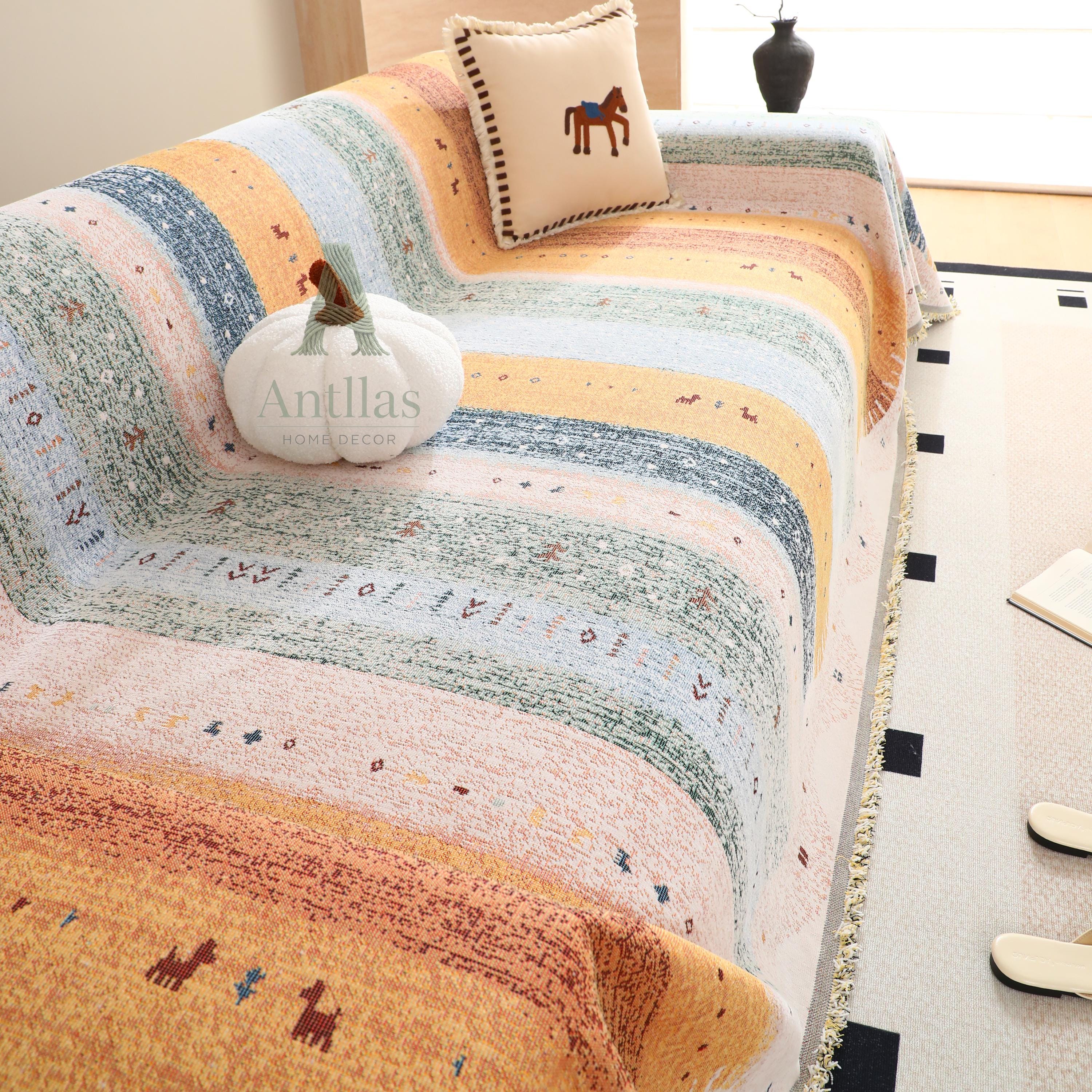 Warm Tones Rainbow Sofa Cover, Striped Woven Throw Blanket, Fringe Couch Slipcover, Vibrant Boho Drape