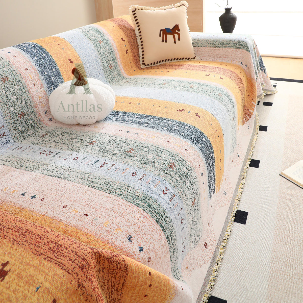 Warm Tones Rainbow Sofa Cover, Striped Woven Throw Blanket, Fringe Couch Slipcover, Vibrant Boho Drape