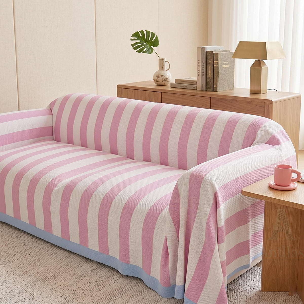 Dopamine Striped Sofa Cover, Faux Linen Couch Slipcover, Color Block Throw