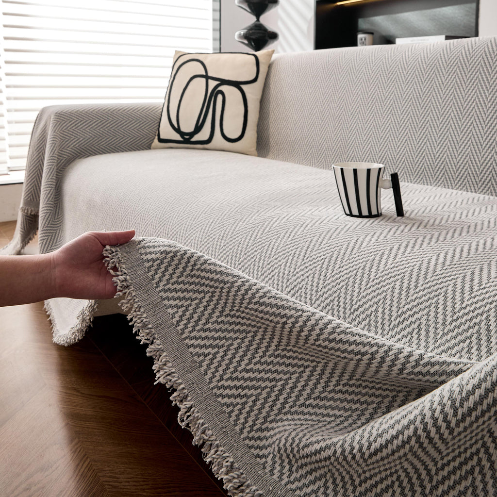 Vibrant Chevron Sofa Cover, Woven Herringbone Couch Throw, Boho Fringe Blanket, Geometric Slipcover for Instant Makeover