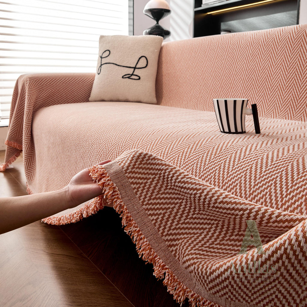 Vibrant Chevron Sofa Cover, Woven Herringbone Couch Throw, Boho Fringe Blanket, Geometric Slipcover for Instant Makeover