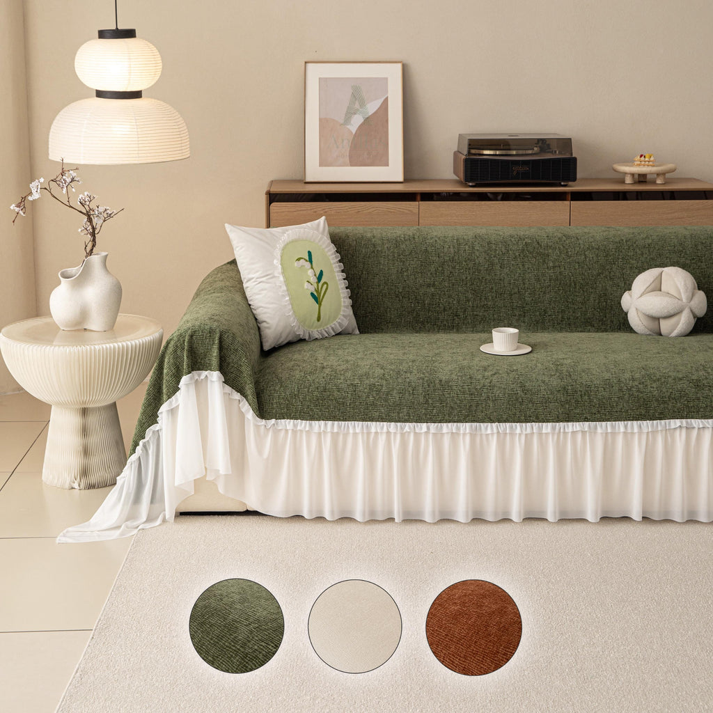 Vibrant Chenille Sofa Cover, Lace Ruffle Couch Throw, Skirted Slipcover for Instant Makeover