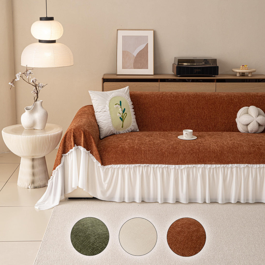 Vibrant Chenille Sofa Cover, Lace Ruffle Couch Throw, Skirted Slipcover for Instant Makeover