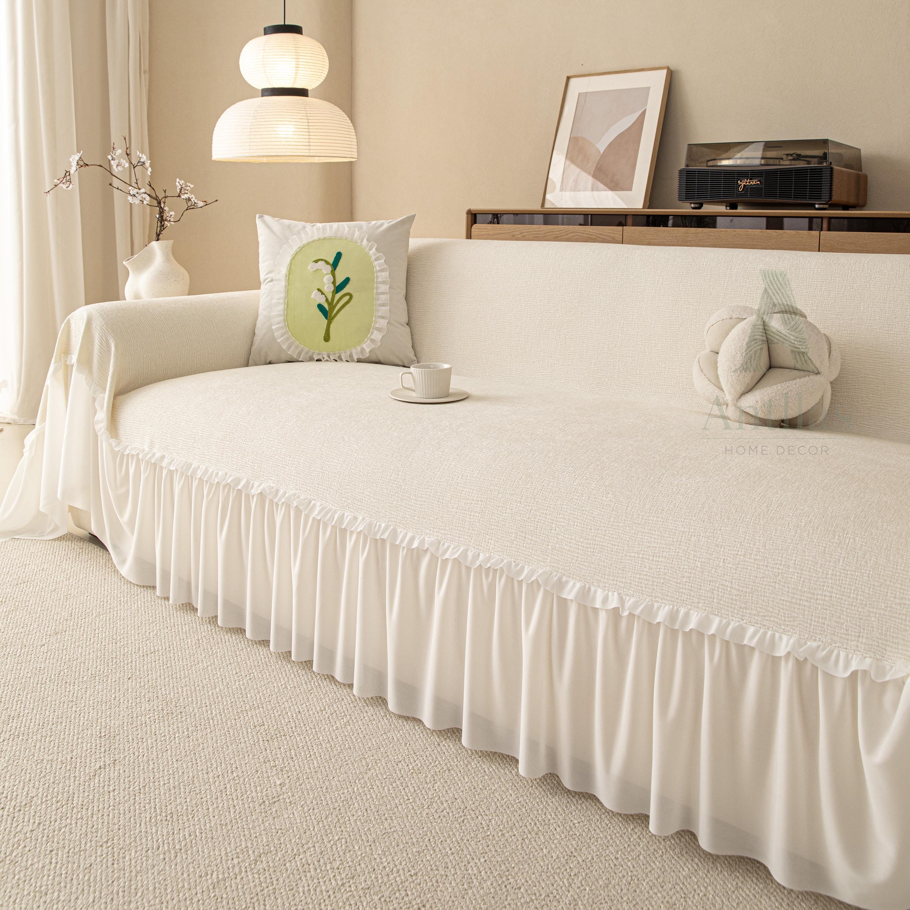 Vibrant Chenille Sofa Cover, Lace Ruffle Couch Throw, Skirted Slipcover for Instant Makeover