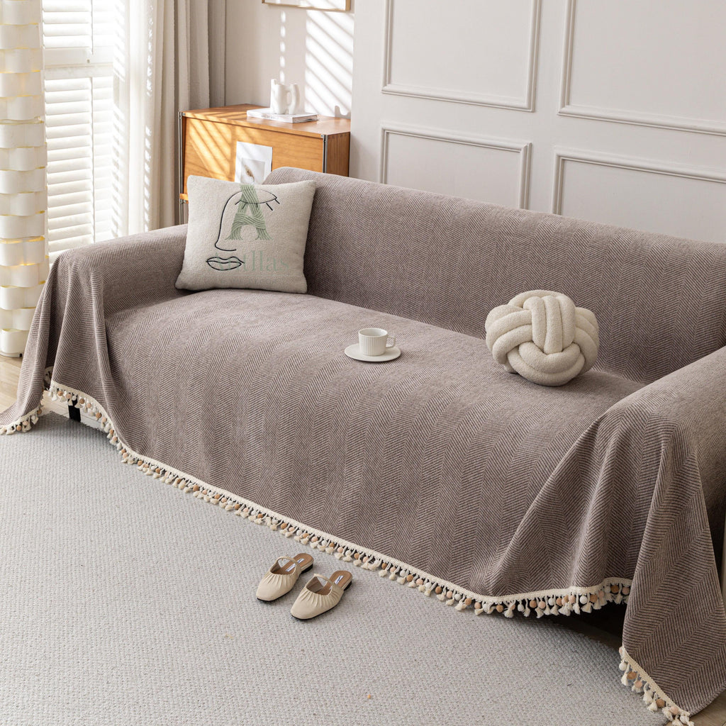 Thick Chenille Sofa Cover, Geometric Tufted Throw Blanket with Tassels, Couch Protector