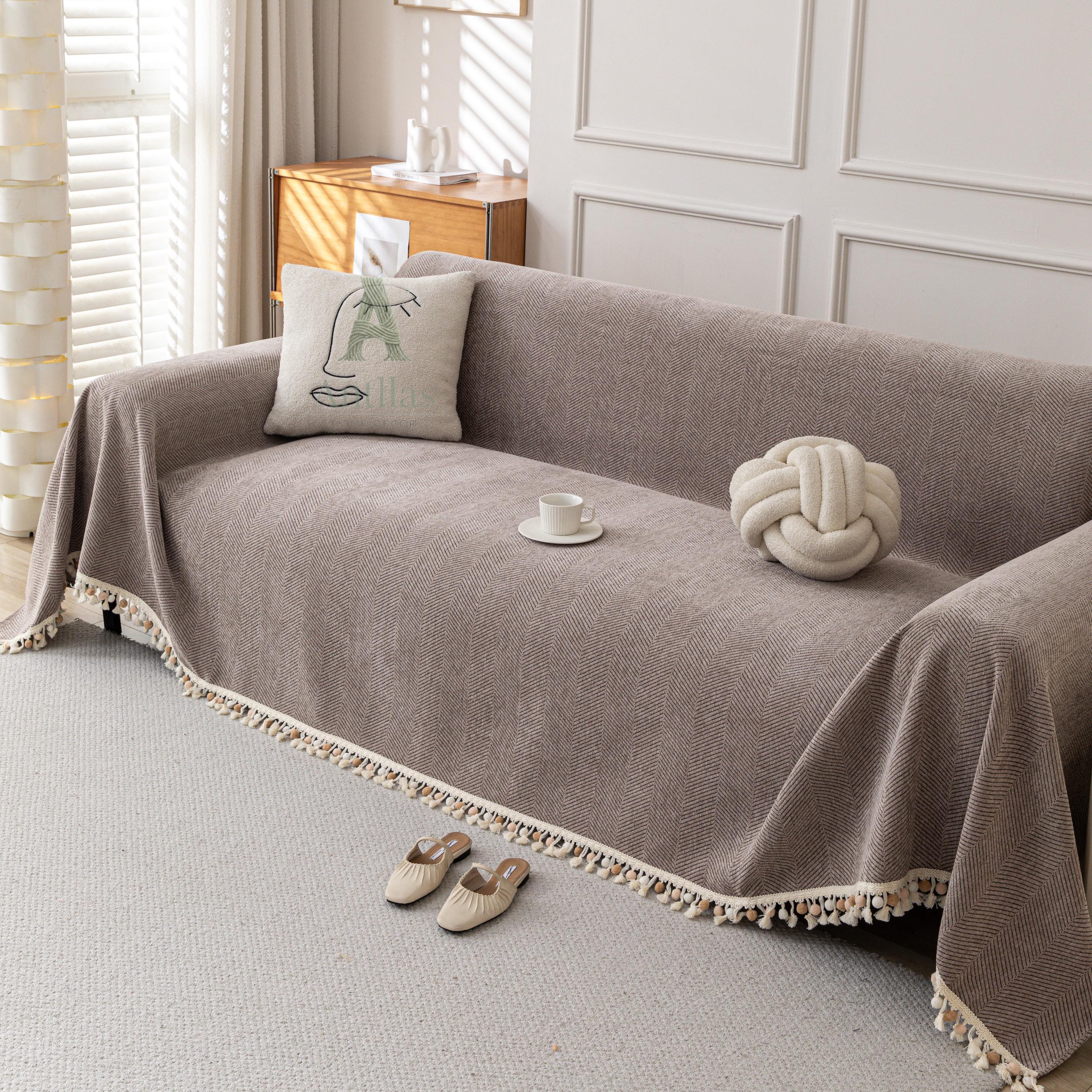 Thick Chenille Sofa Cover, Geometric Tufted Throw Blanket with Tassels, Couch Protector