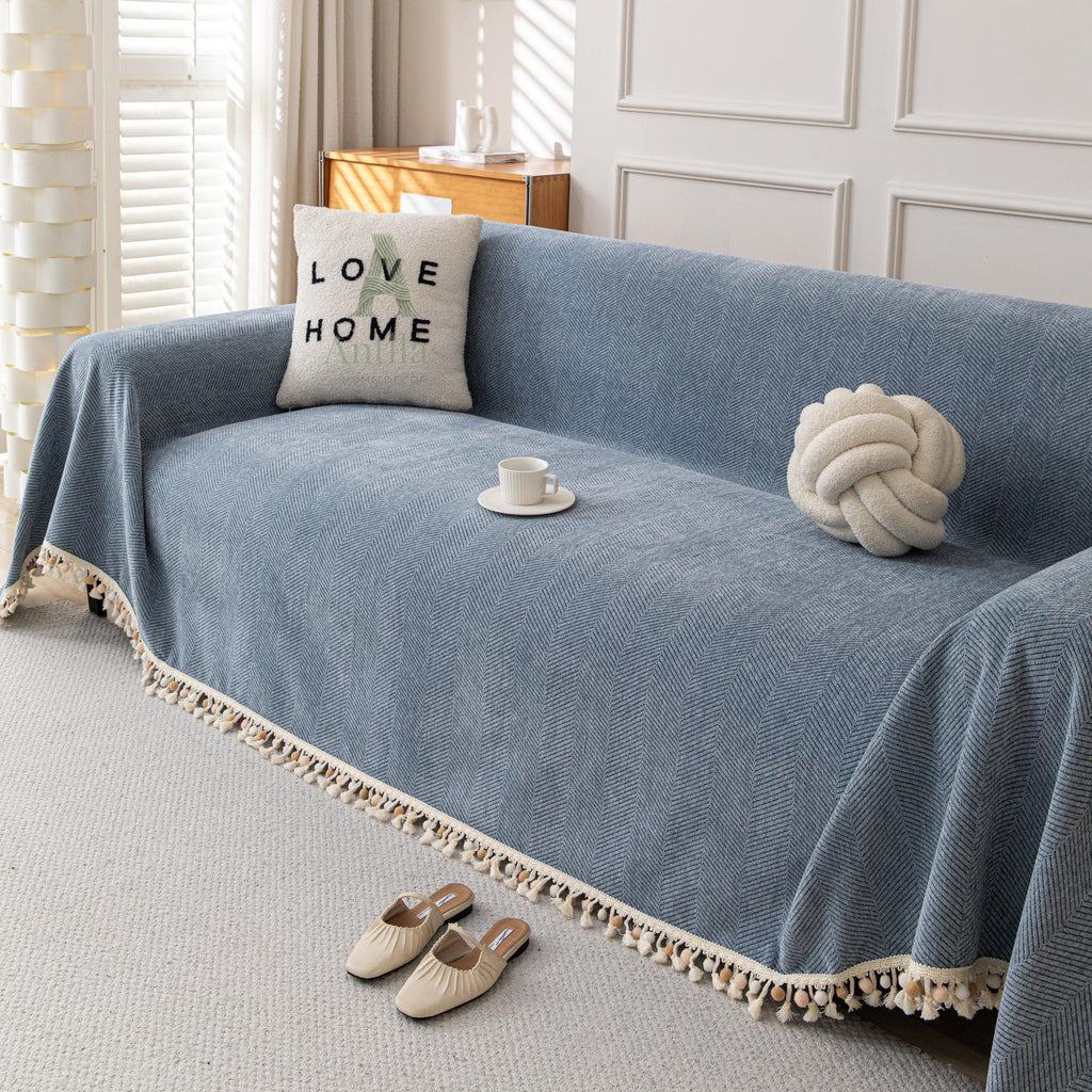 Thick Chenille Sofa Cover, Geometric Tufted Throw Blanket with Tassels, Couch Protector