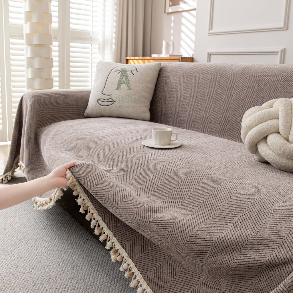 Thick Chenille Sofa Cover, Geometric Tufted Throw Blanket with Tassels, Couch Protector