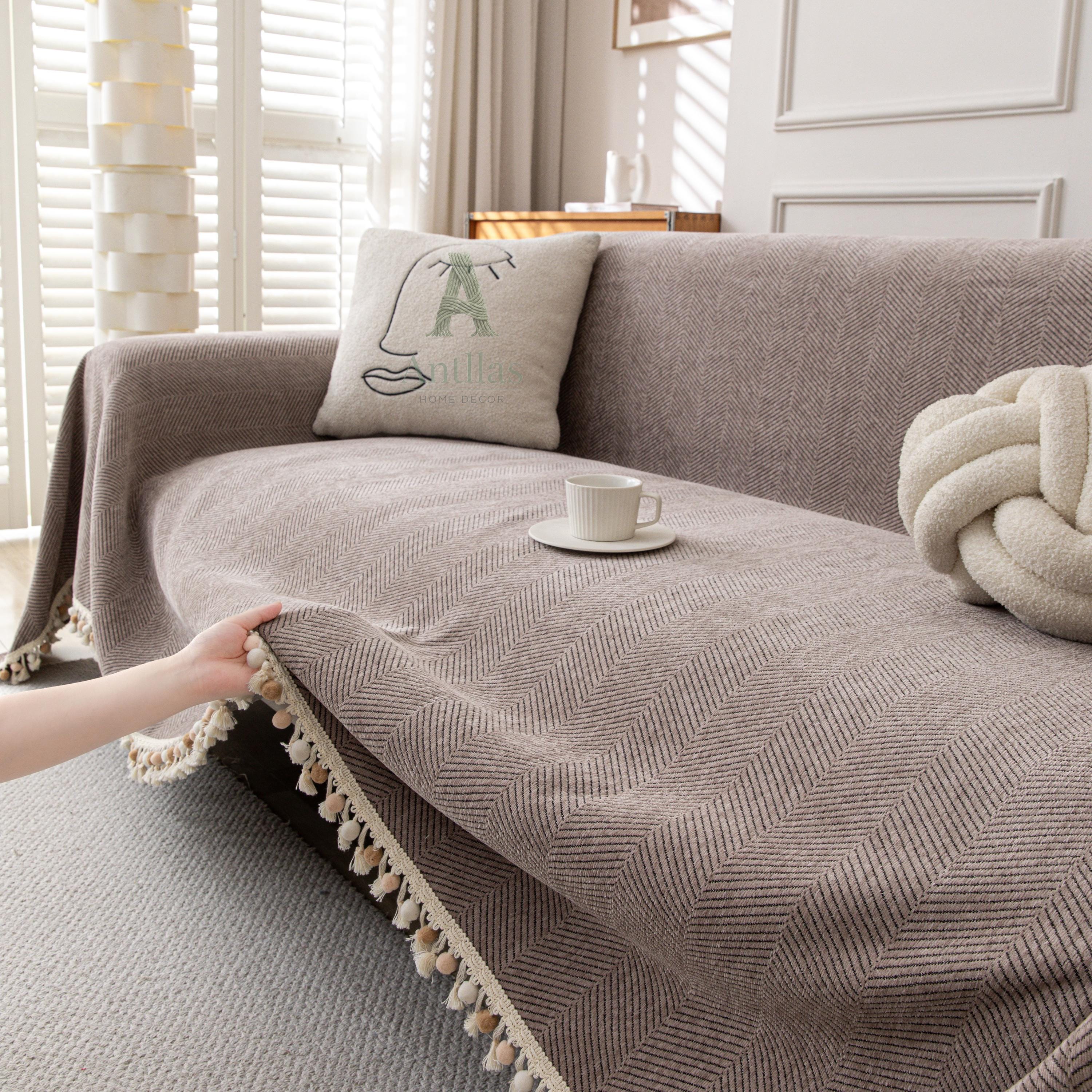 Thick Chenille Sofa Cover, Geometric Tufted Throw Blanket with Tassels, Couch Protector