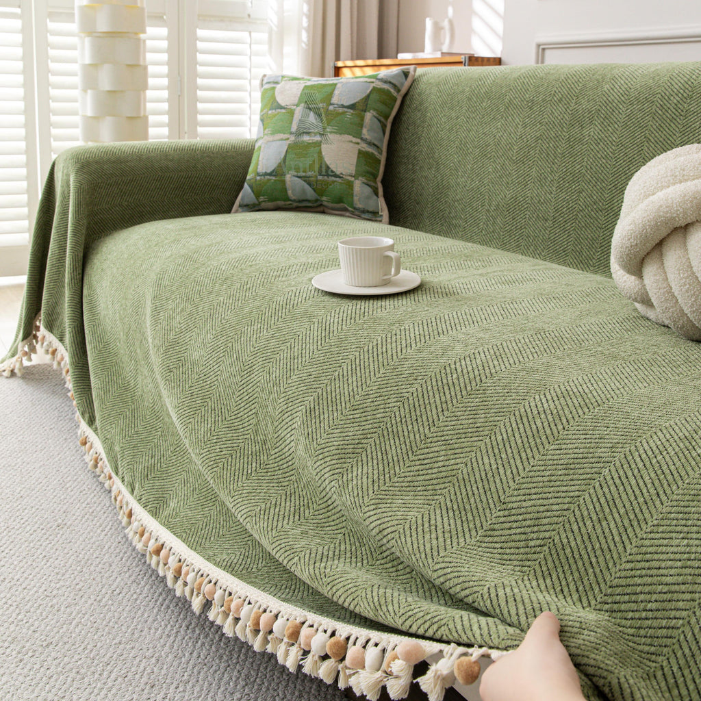 Thick Chenille Sofa Cover, Geometric Tufted Throw Blanket with Tassels, Couch Protector