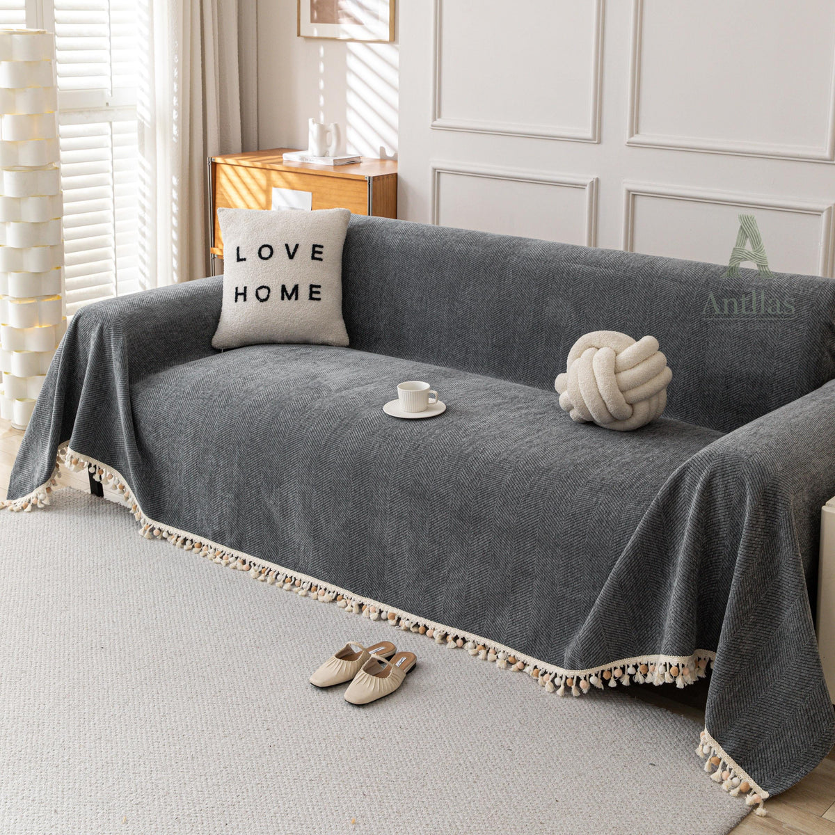 Thick Chenille Sofa Cover, Geometric Tufted Throw Blanket with Tassels, Couch Protector