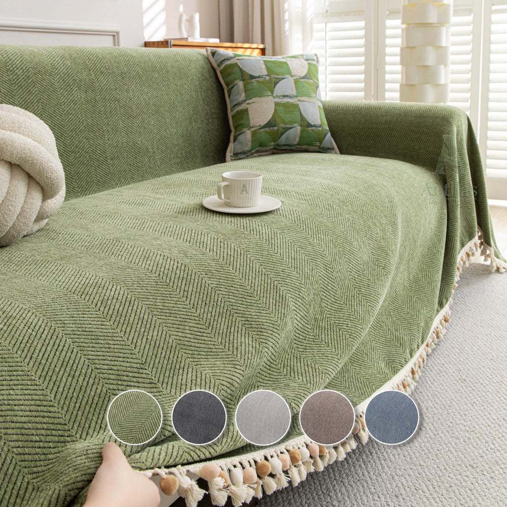 Thick Chenille Sofa Cover, Geometric Tufted Throw Blanket with Tassels, Couch Protector