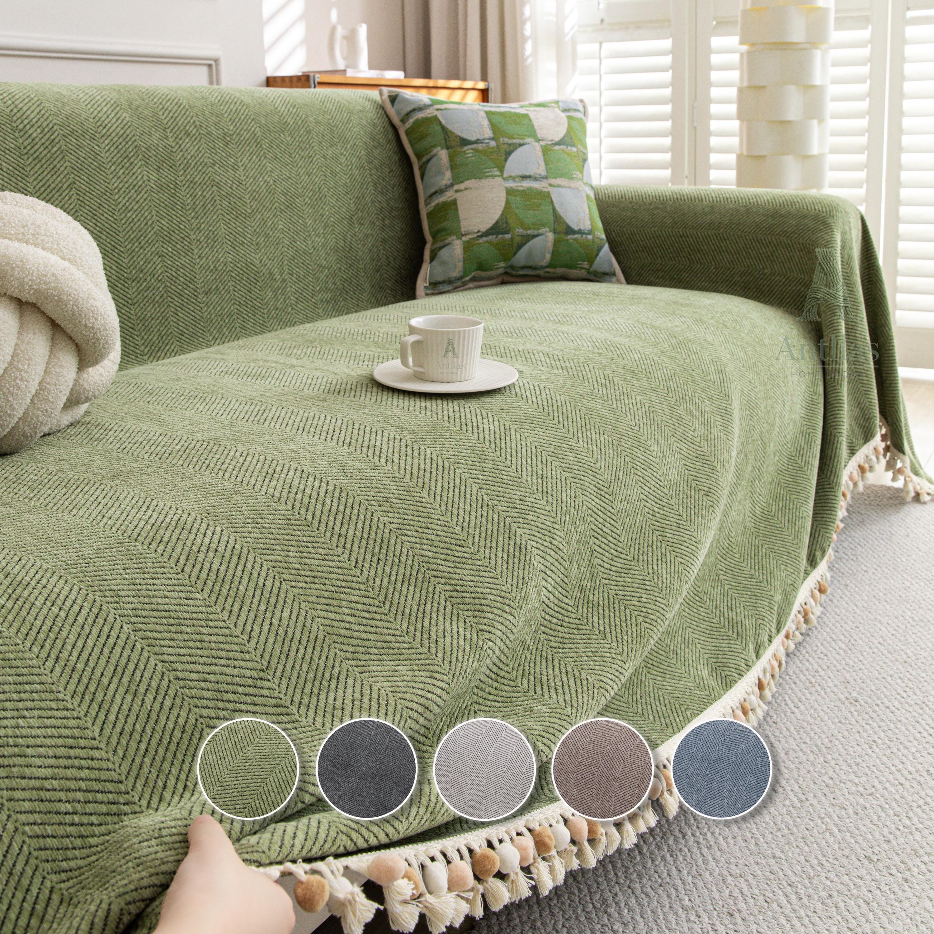 Thick Chenille Sofa Cover, Geometric Tufted Throw Blanket with Tassels, Couch Protector
