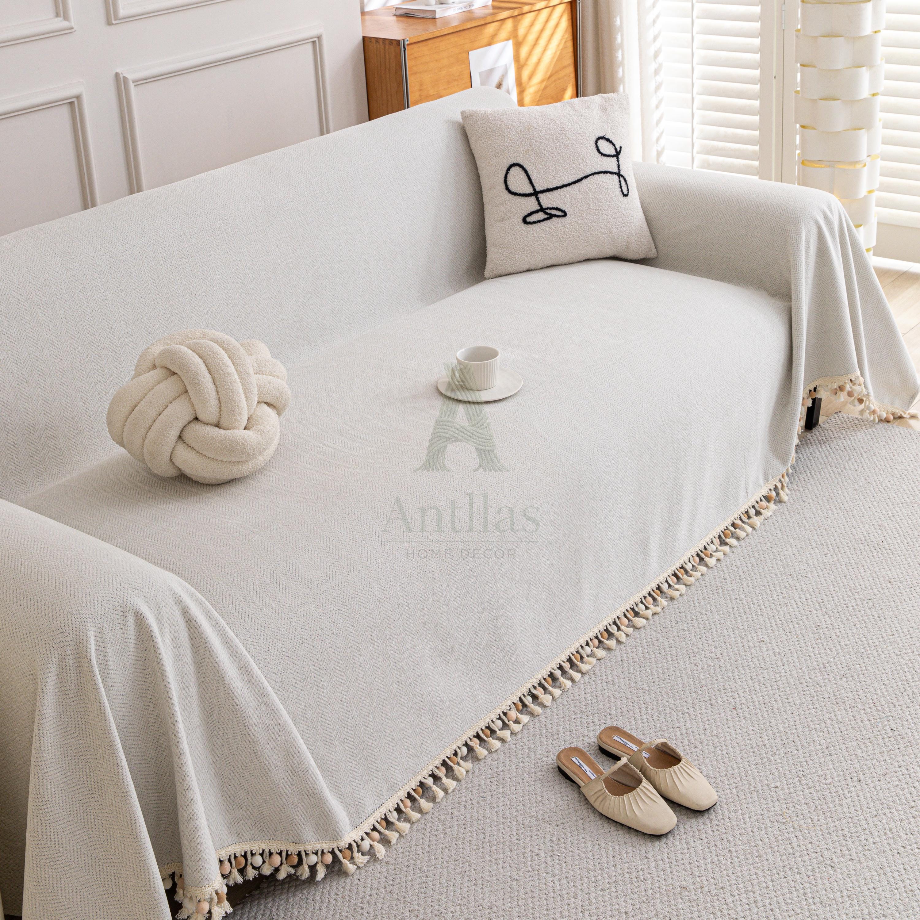 Solid Color Chenille Sofa Cover, Pom Pom Fringe Throw Blanket, Thick Couch Slipcover, Cozy Drape