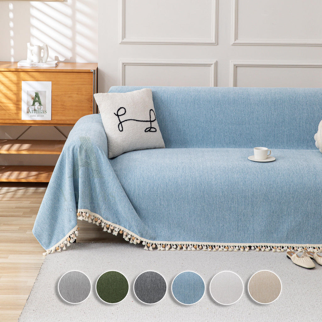 Solid Color Chenille Sofa Cover, Pom Pom Fringe Throw Blanket, Thick Couch Slipcover, Cozy Drape