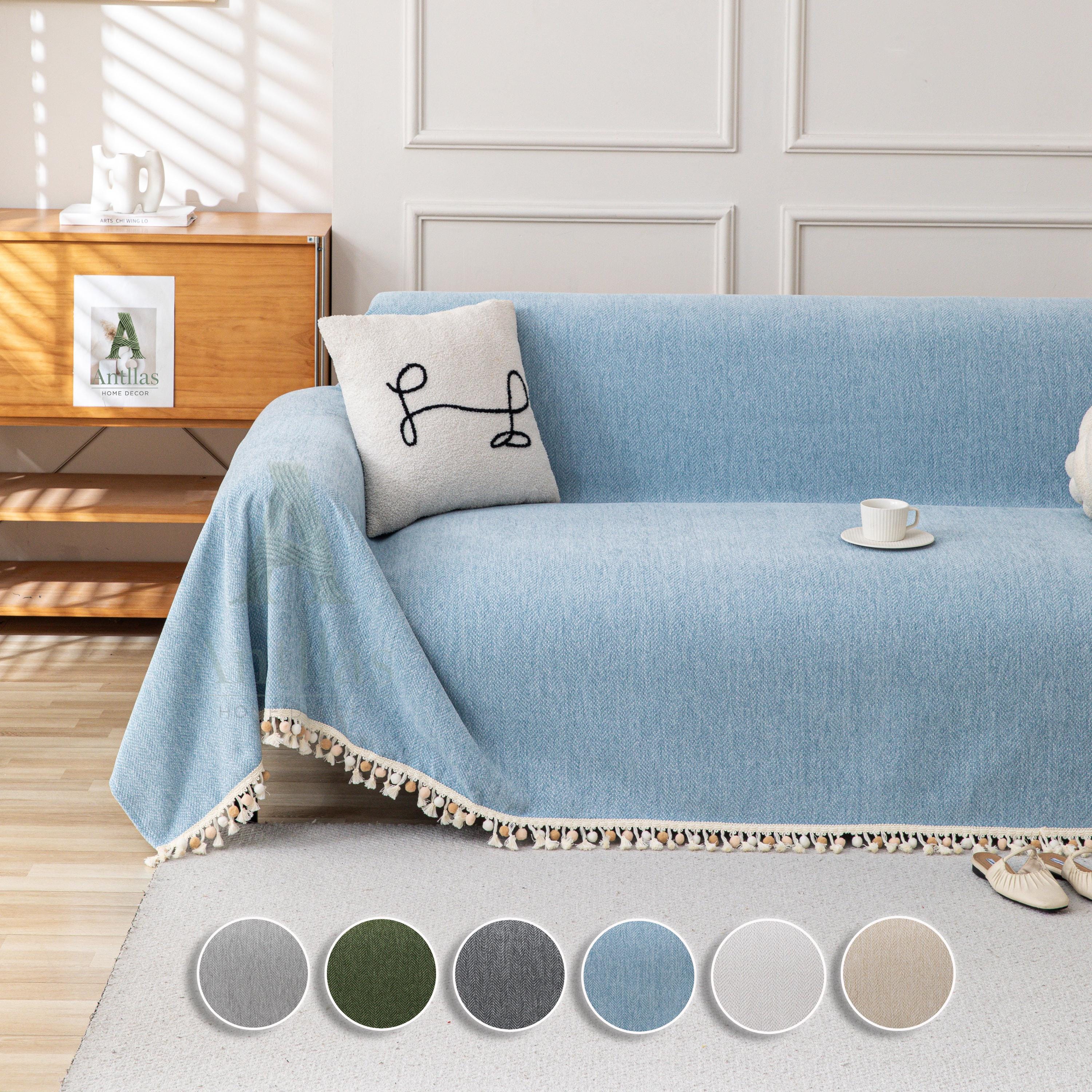 Solid Color Chenille Sofa Cover, Pom Pom Fringe Throw Blanket, Thick Couch Slipcover, Cozy Drape