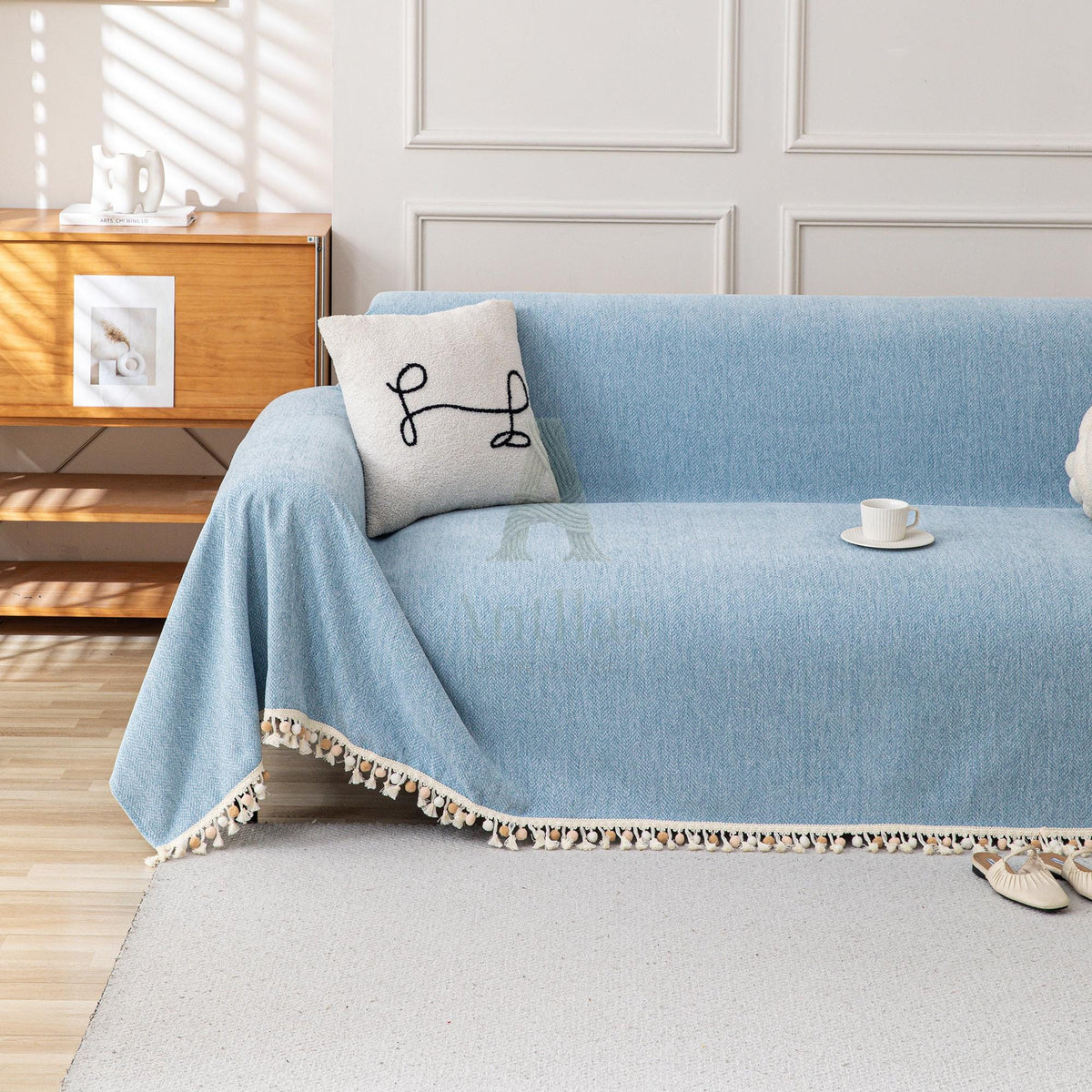 Solid Color Chenille Sofa Cover, Pom Pom Fringe Throw Blanket, Thick Couch Slipcover, Cozy Drape