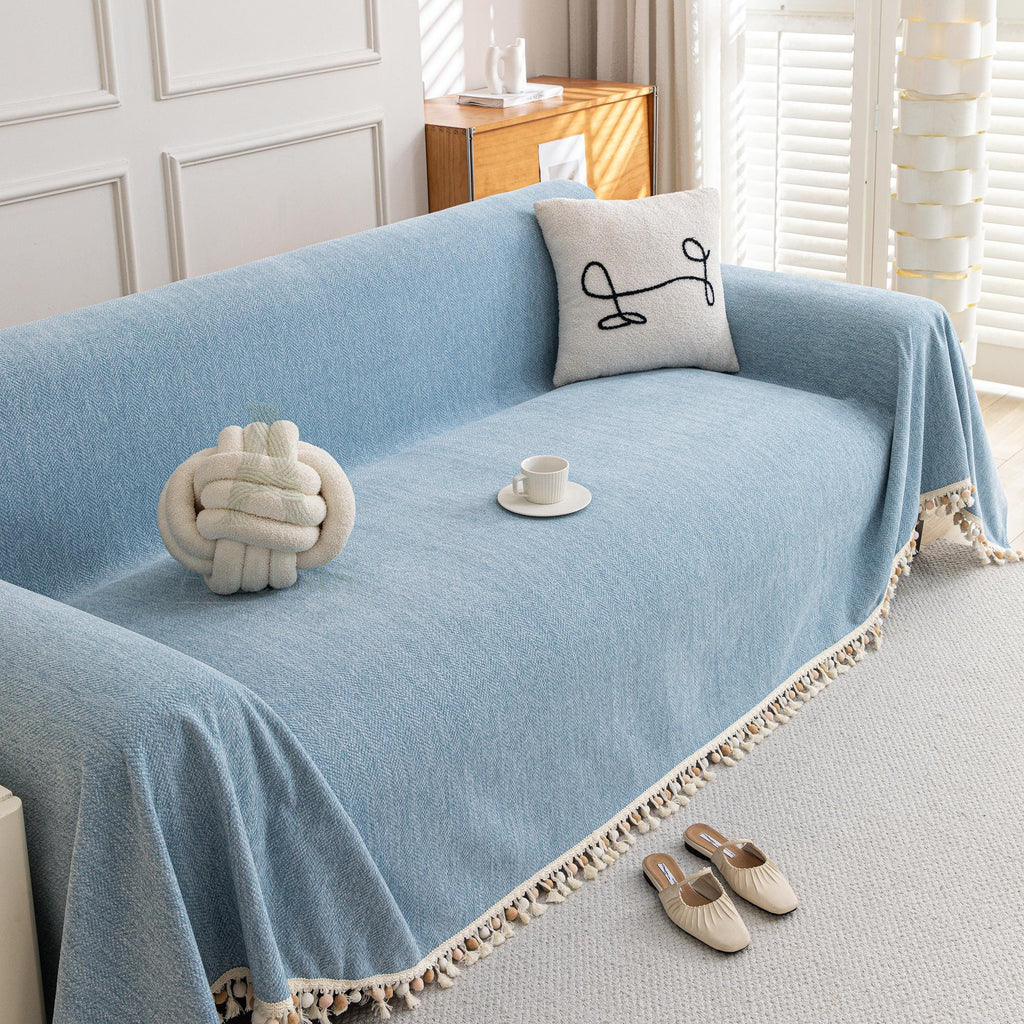 Solid Color Chenille Sofa Cover, Pom Pom Fringe Throw Blanket, Thick Couch Slipcover, Cozy Drape
