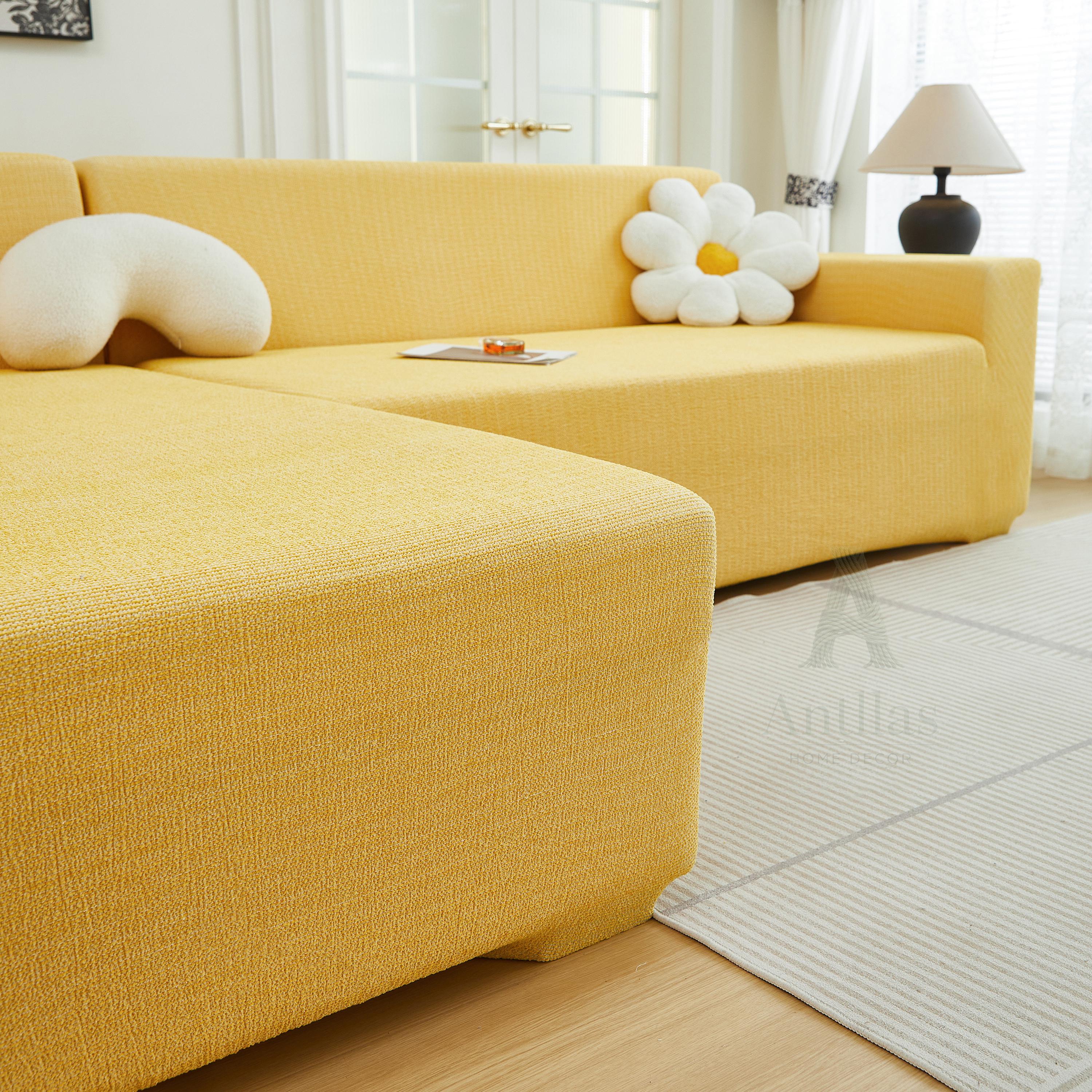 Modular L Shaped Sofa Cover, Chenille Linen Look Stretch Sectional Throw for Dopamine Living Room