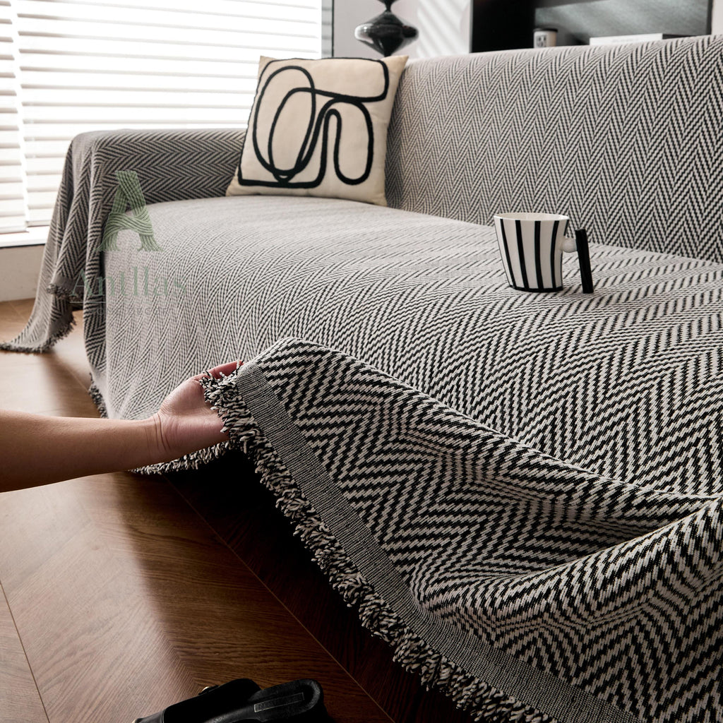Vibrant Chevron Sofa Cover, Woven Herringbone Couch Throw, Boho Fringe Blanket, Geometric Slipcover for Instant Makeover