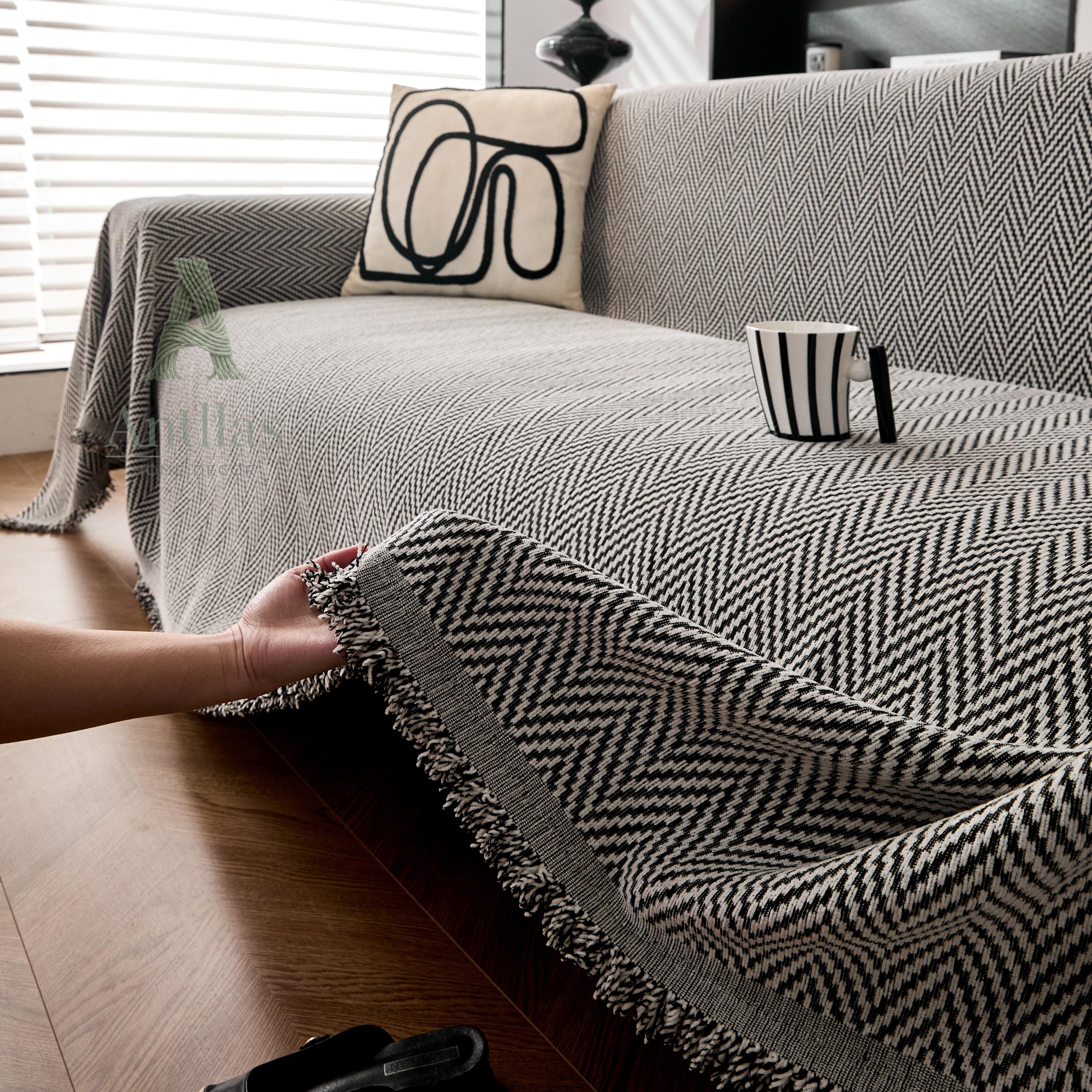 Vibrant Chevron Sofa Cover, Woven Herringbone Couch Throw, Boho Fringe Blanket, Geometric Slipcover for Instant Makeover