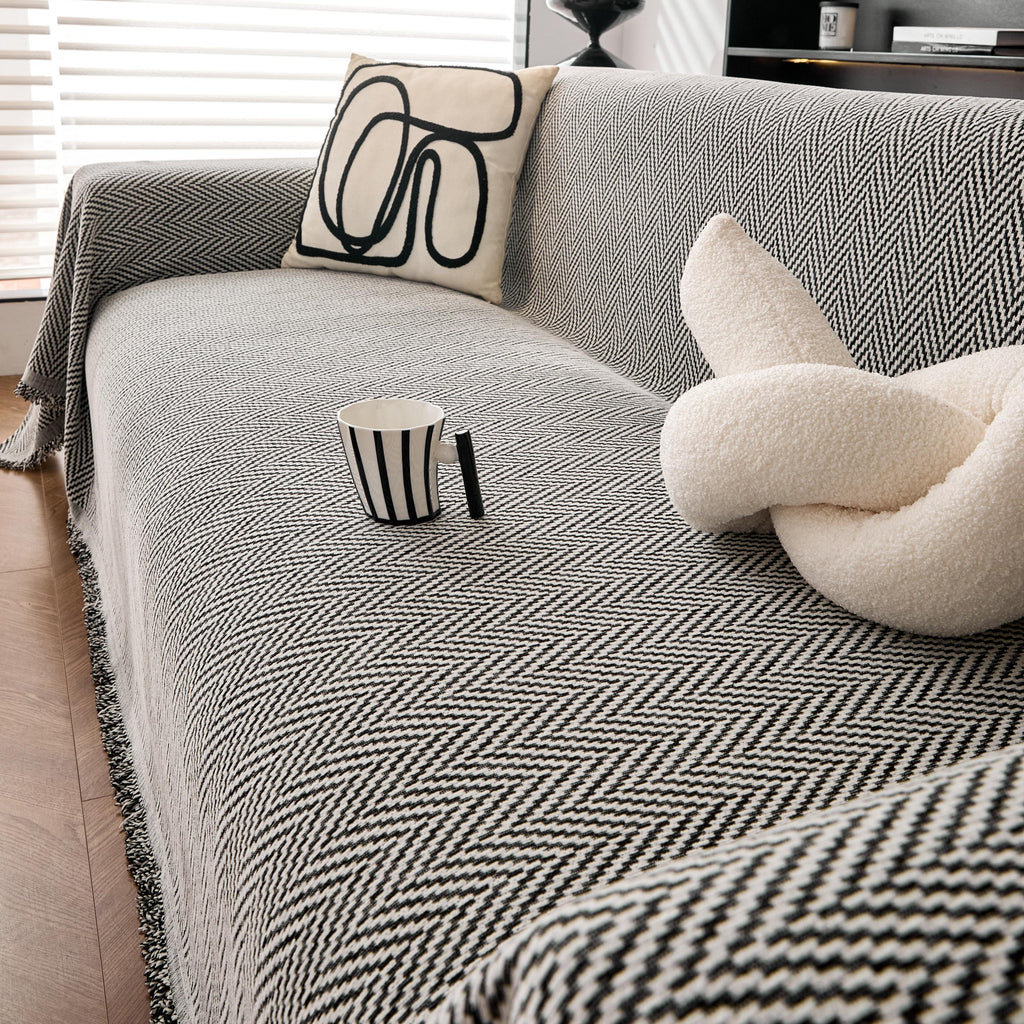 Vibrant Chevron Sofa Cover, Woven Herringbone Couch Throw, Boho Fringe Blanket, Geometric Slipcover for Instant Makeover